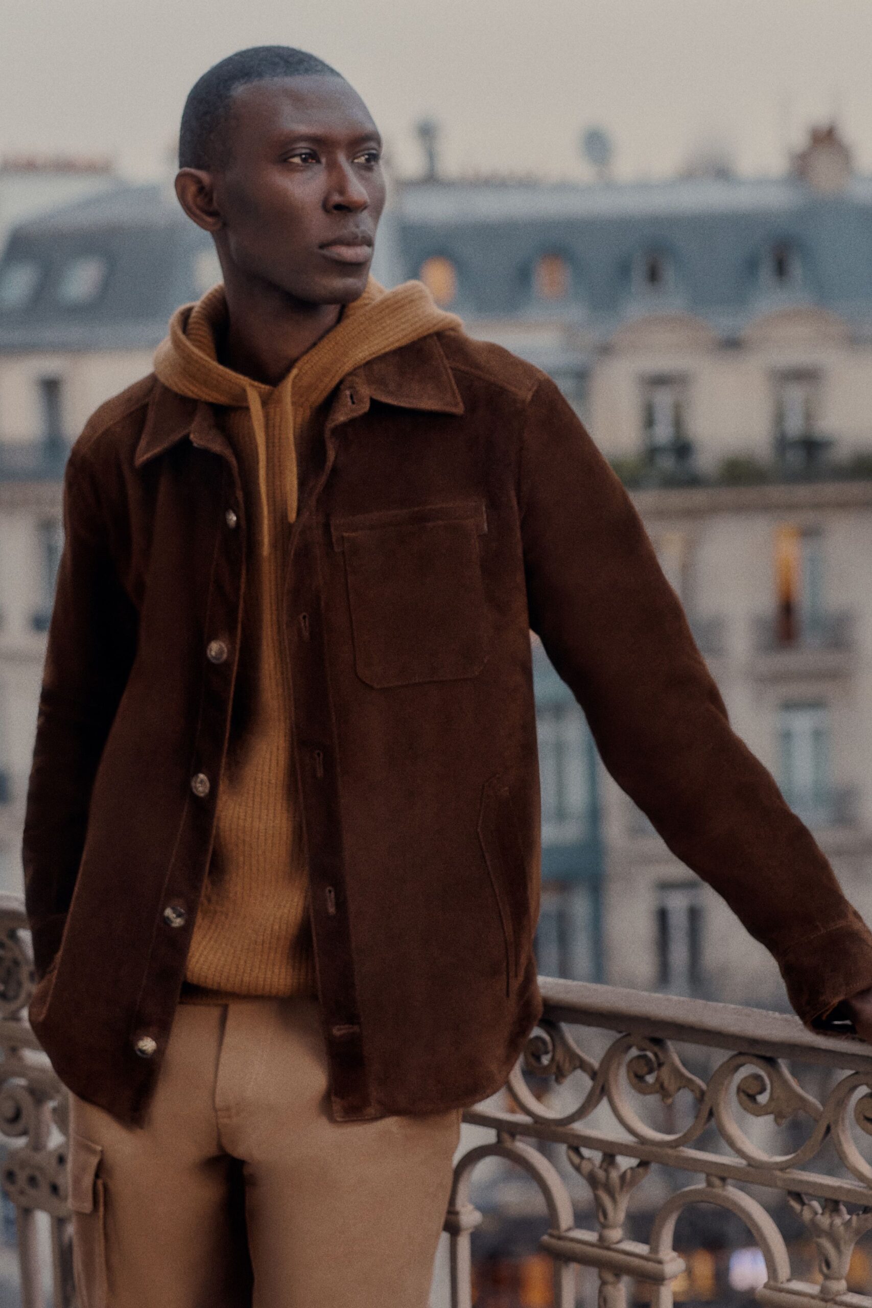 brown suede jacket with beige hoodie