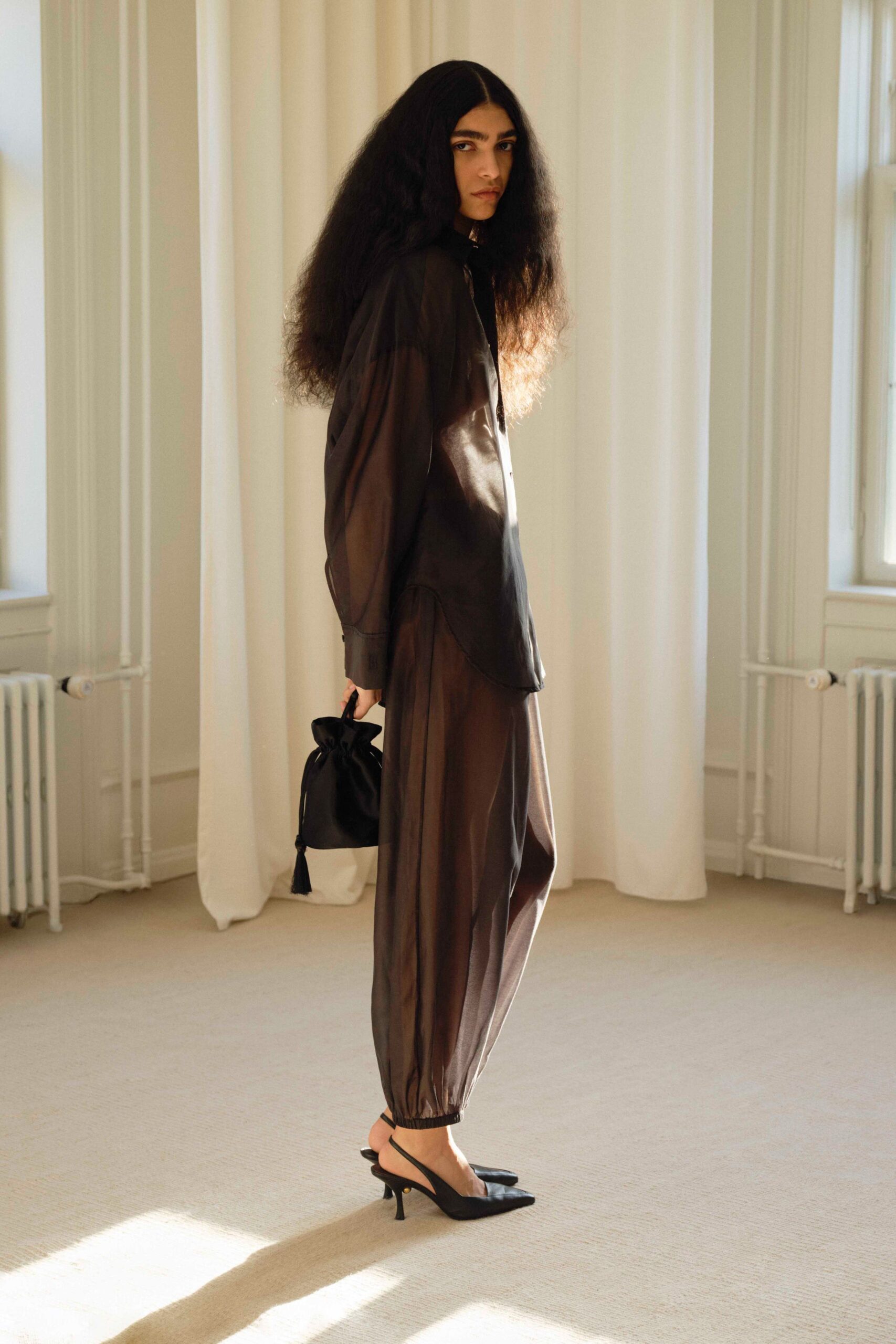black silk long-sleeve collared relaxed buttoned shiny shirt