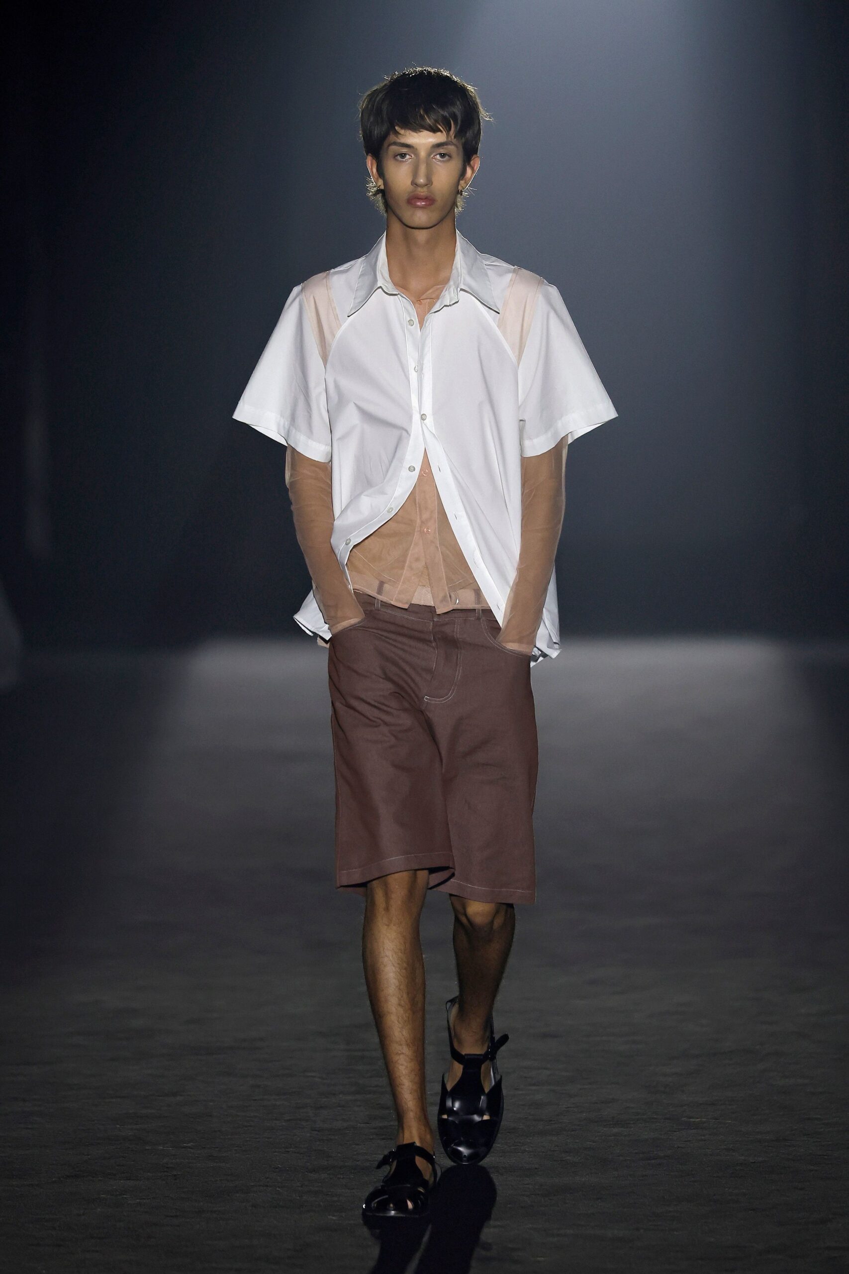 white shirt pink top brown shorts