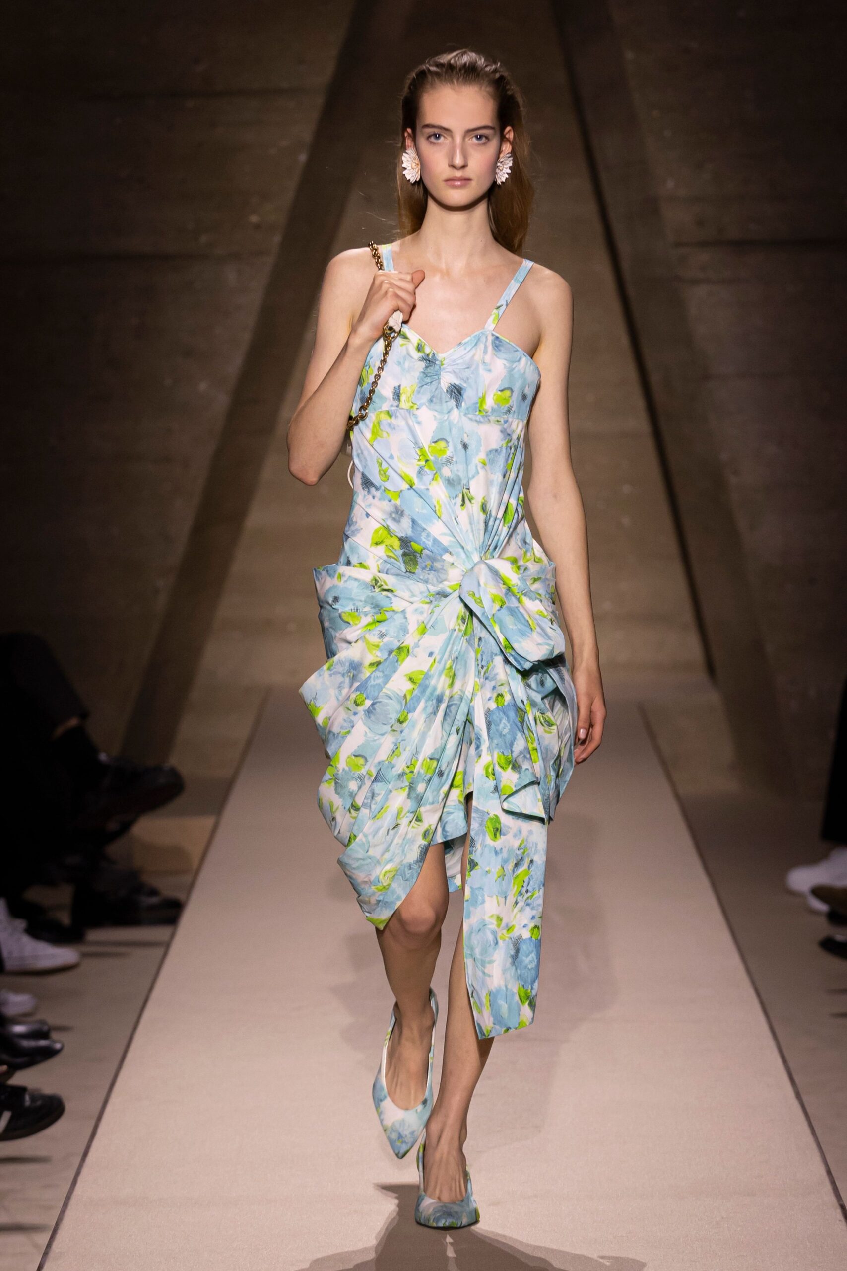 blue silk sleeveless v-neck fitted pleated draped dress
