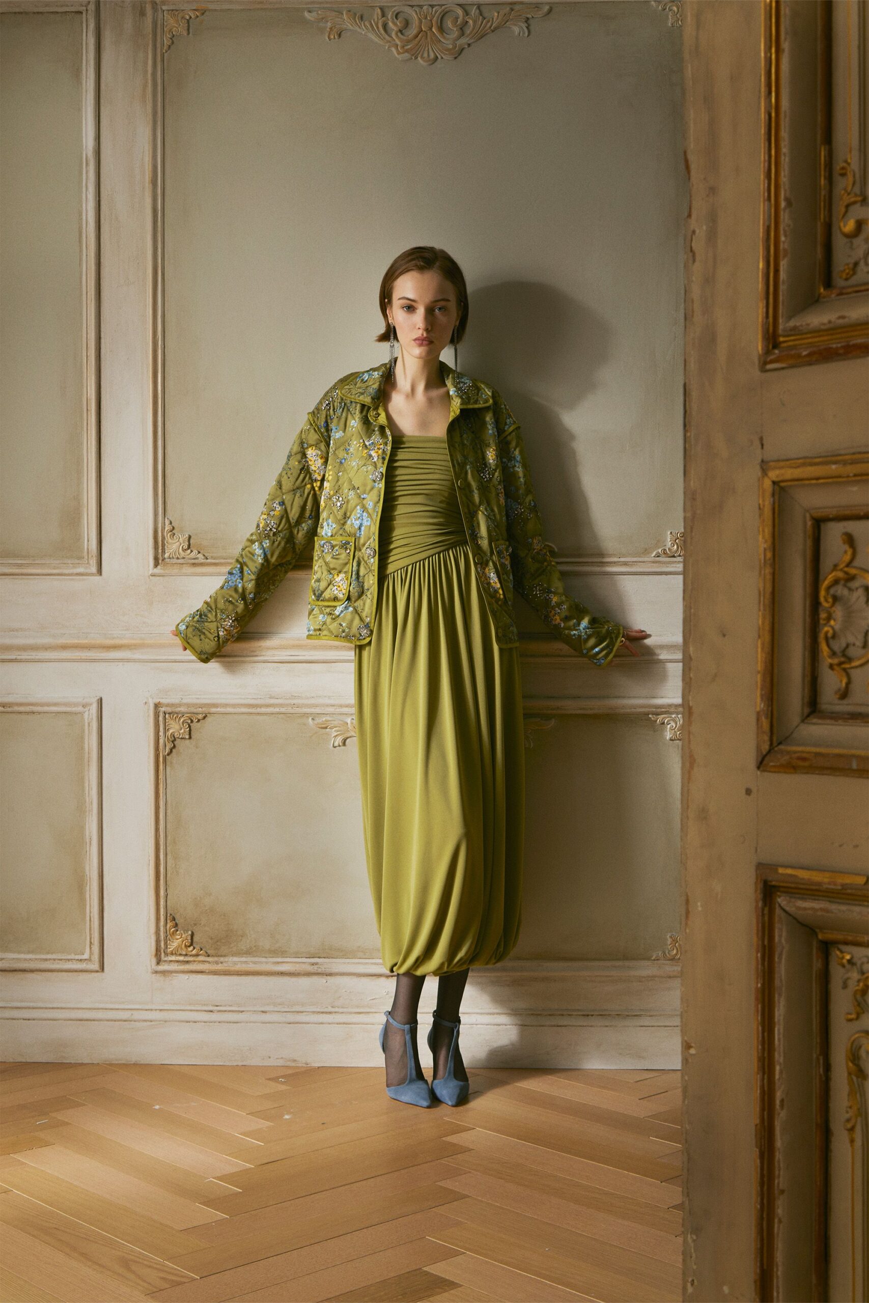 green cotton sleeveless fitted draped midi dress