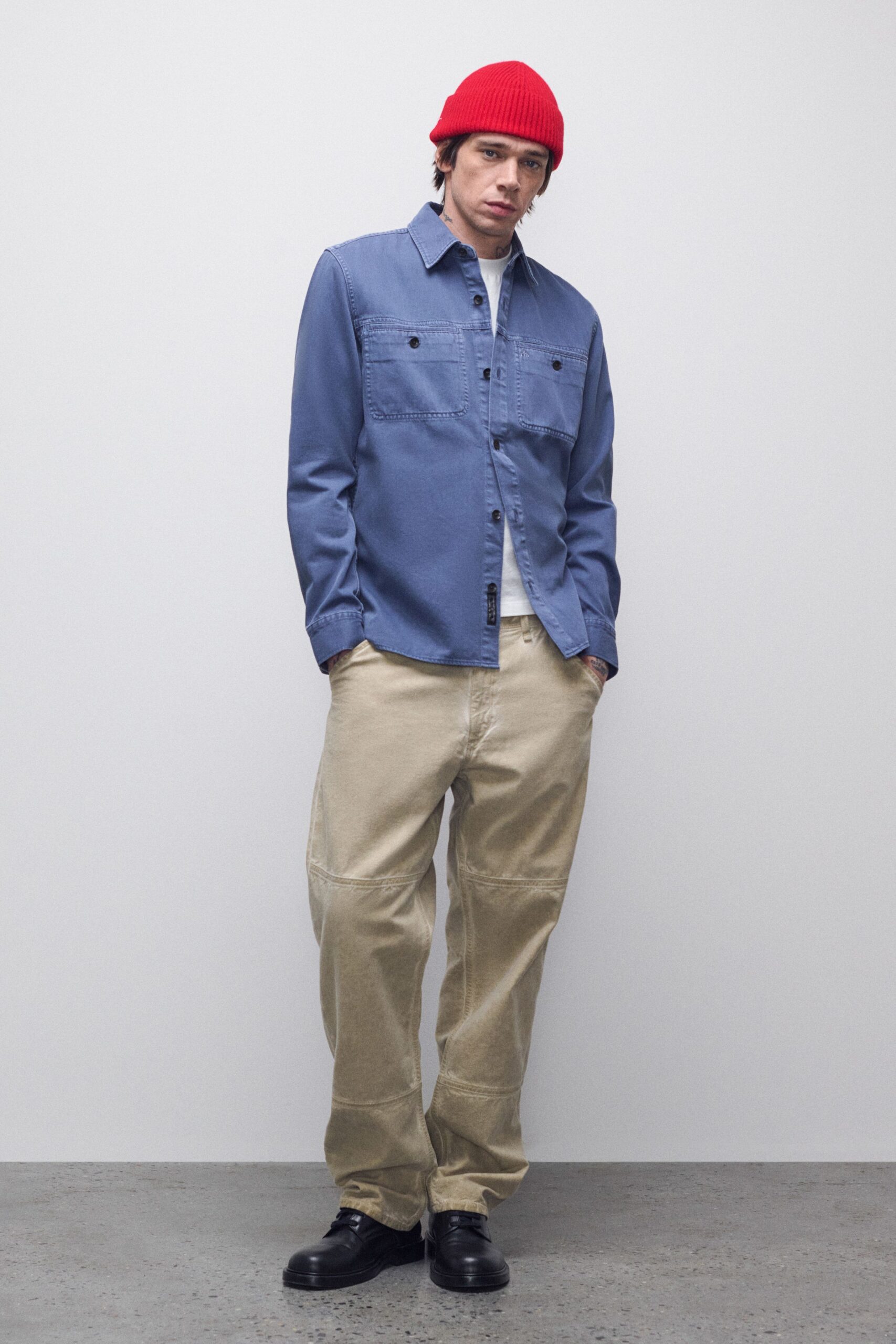blue denim shirt beige pants