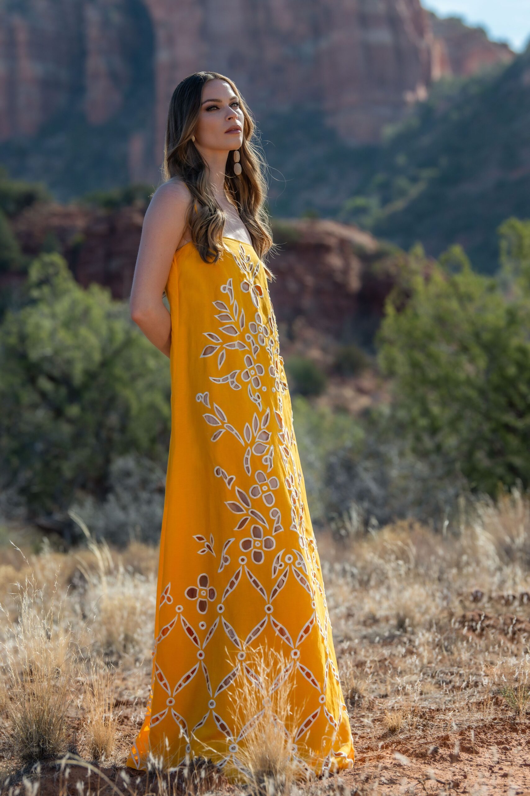 yellow embroidered maxi gown