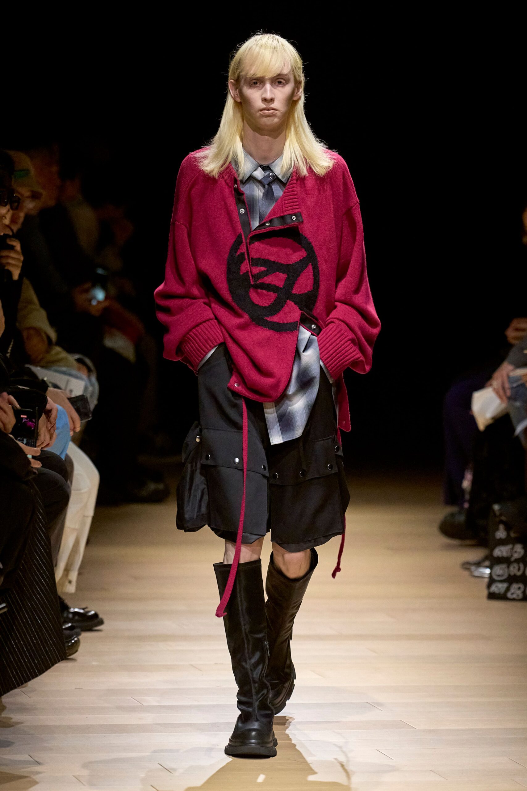 oversized red sweater with black skirt