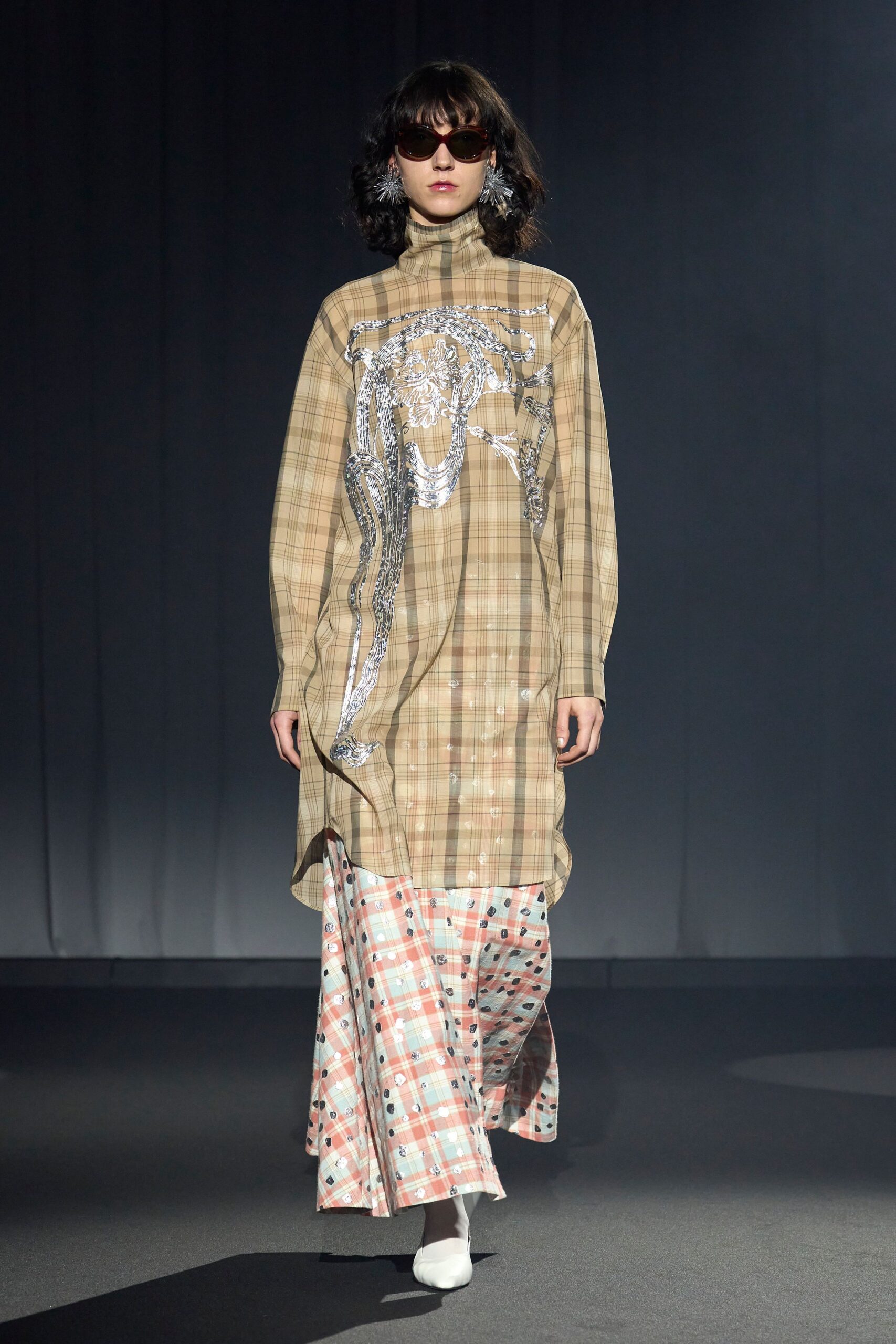 beige cotton long-sleeve collared relaxed checked embroidered shirt-dress