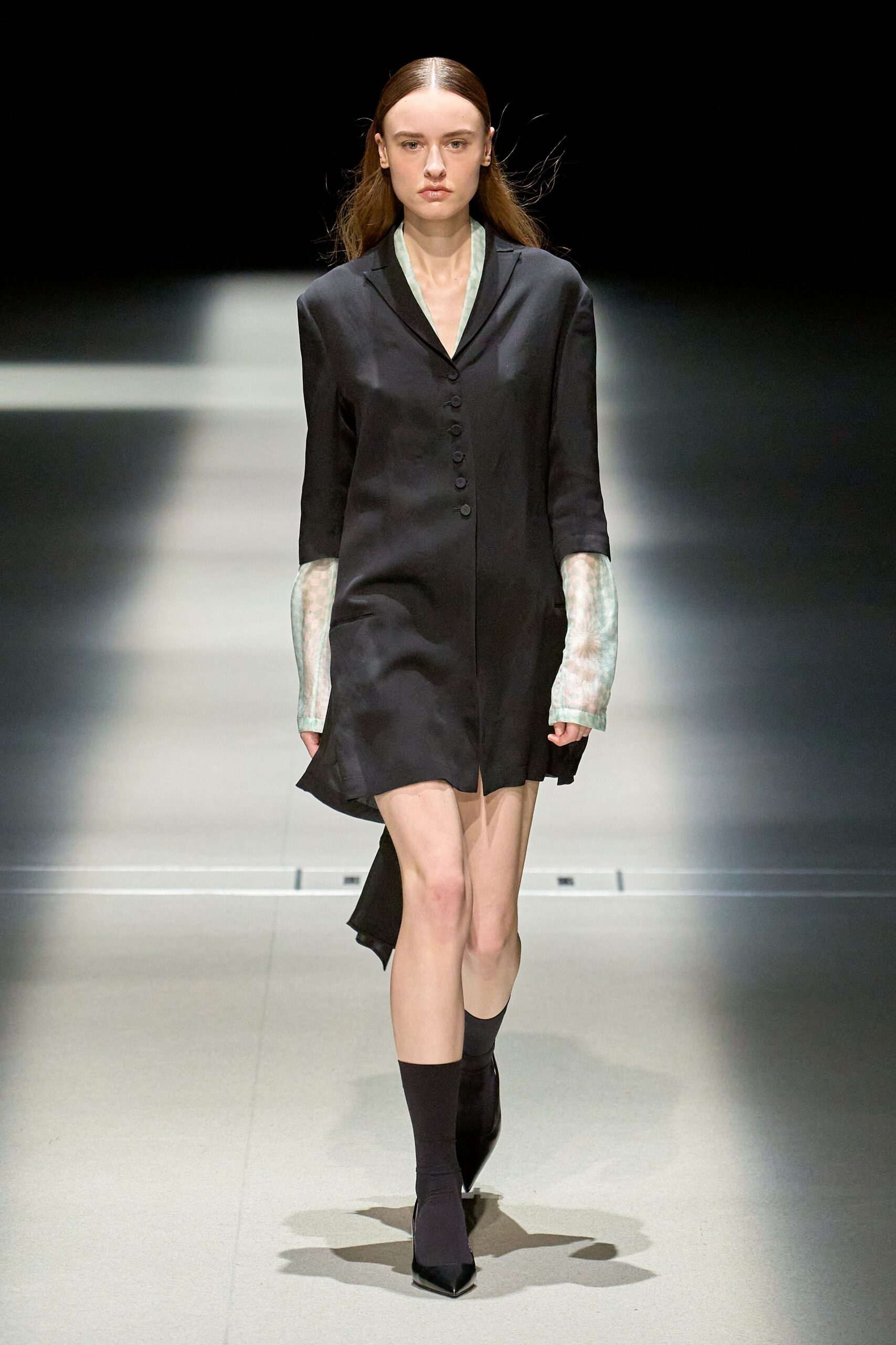 black silk long-sleeve collared fitted buttoned mini dress