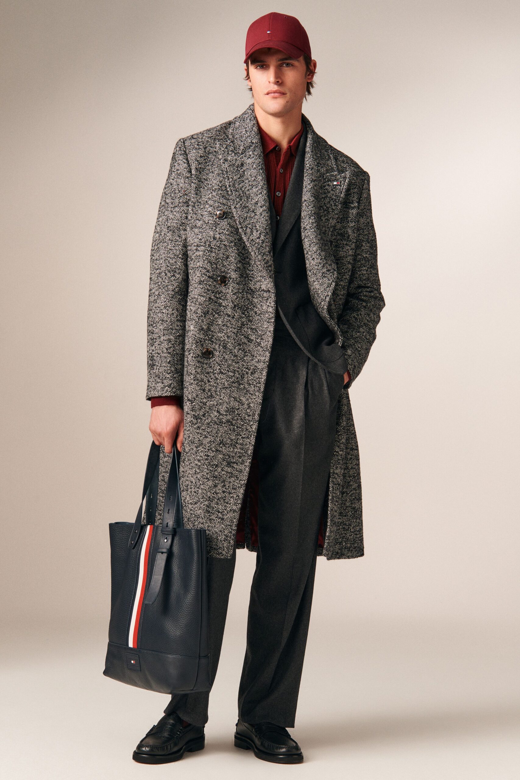 gray wool long-sleeve double-breasted structured textured coat