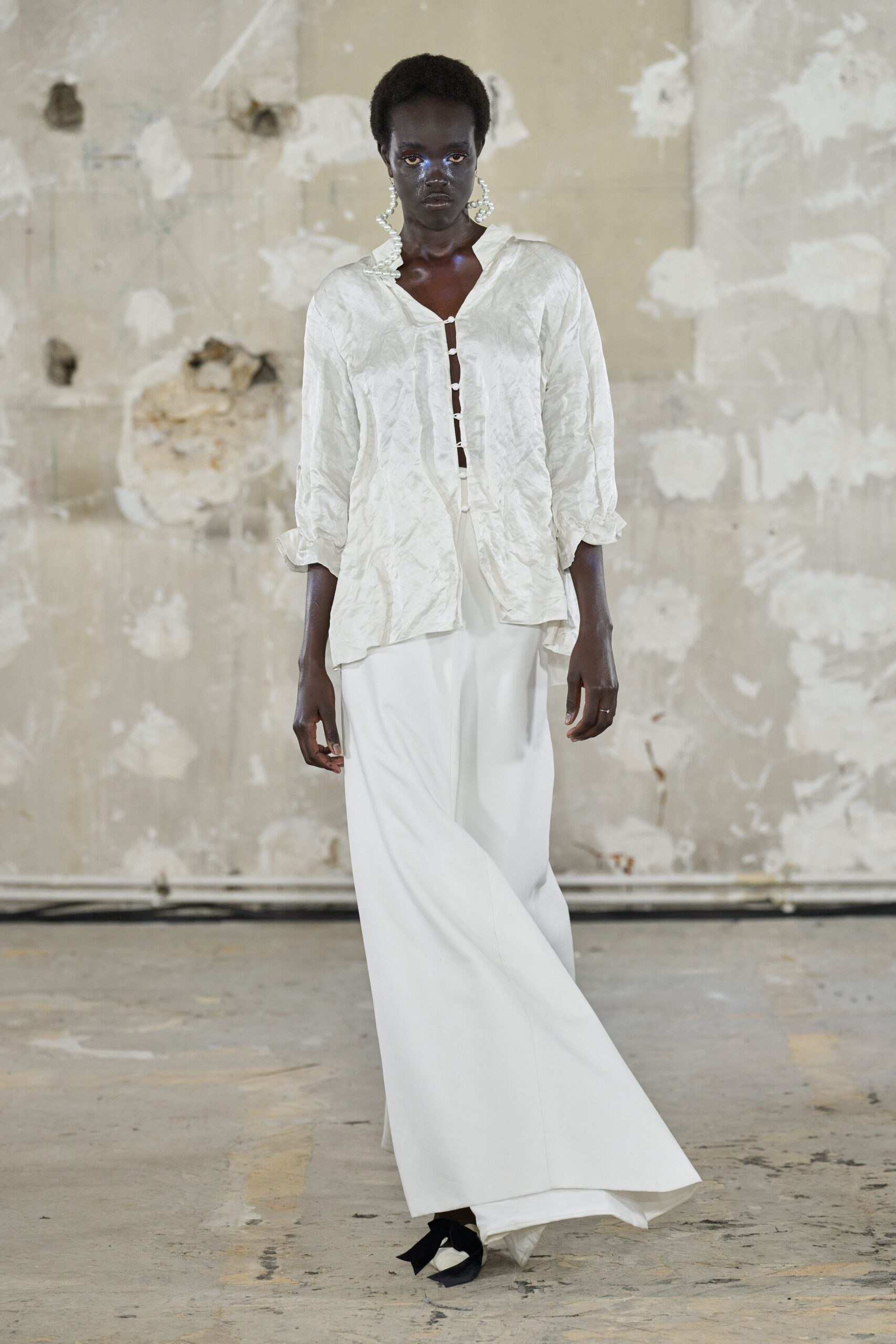 white silk long-sleeve collared relaxed buttoned shirt