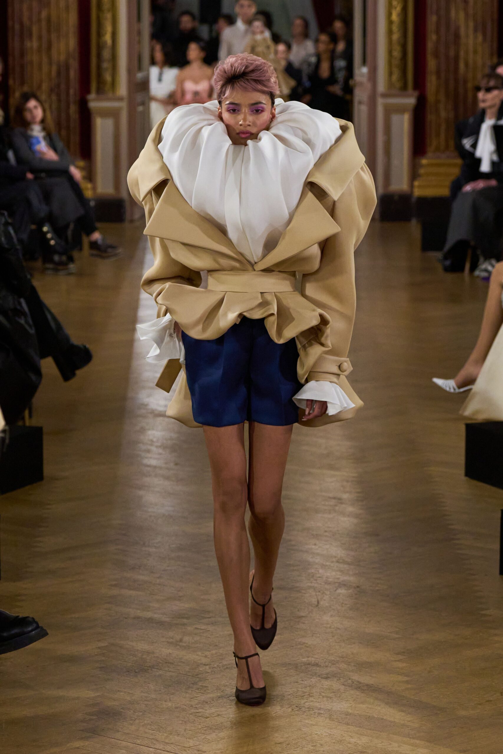 beige cotton long-sleeve collared oversized ruffled coat