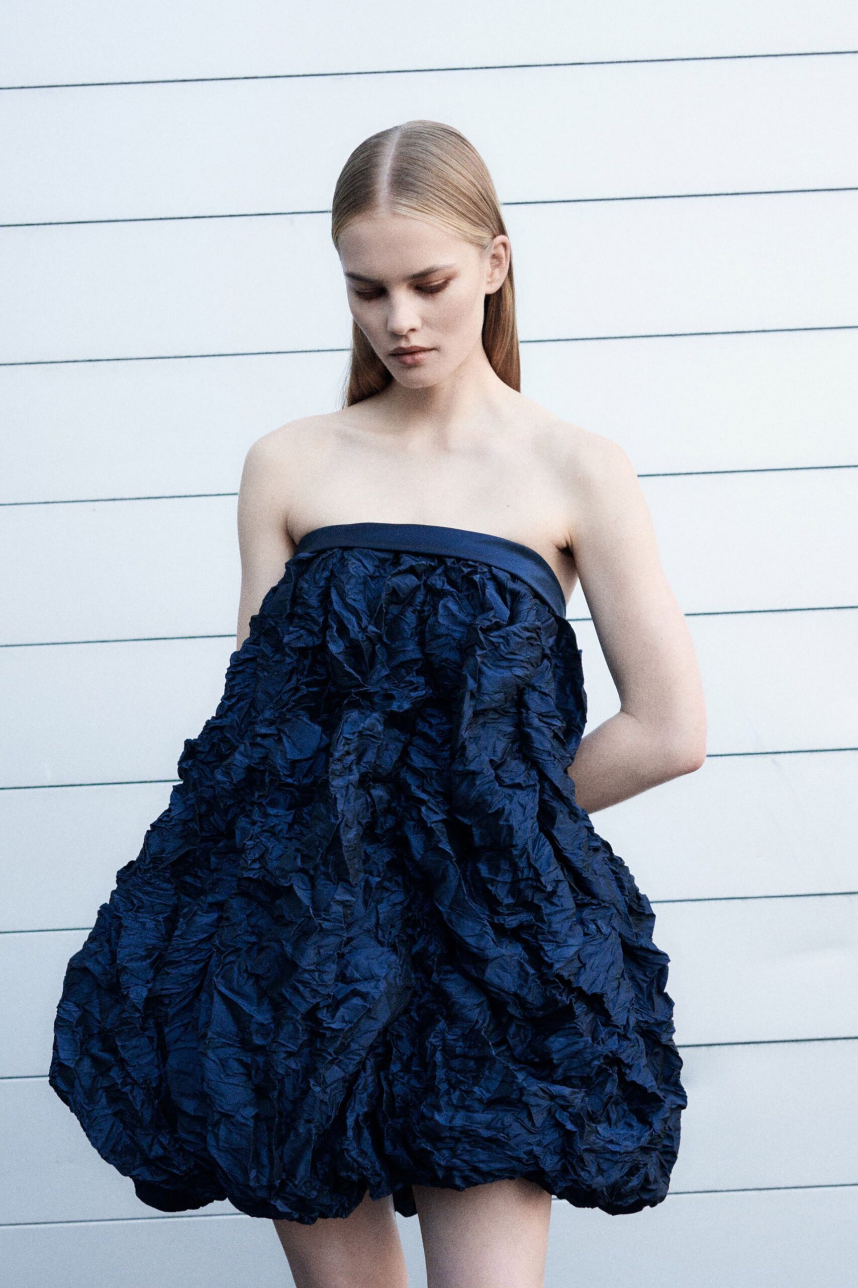 blue silk strapless ruffled dress
