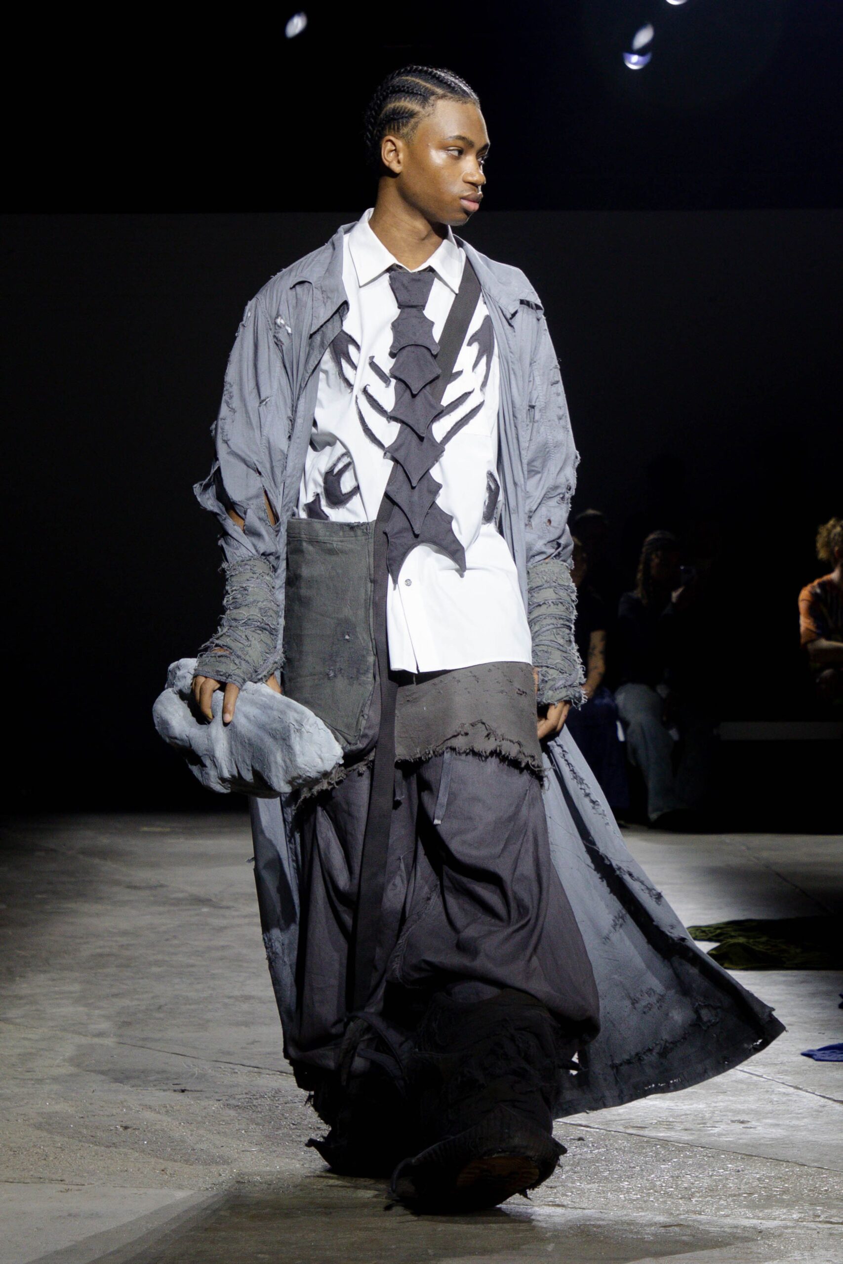 gray cotton long-sleeve collared relaxed layered distressed coat