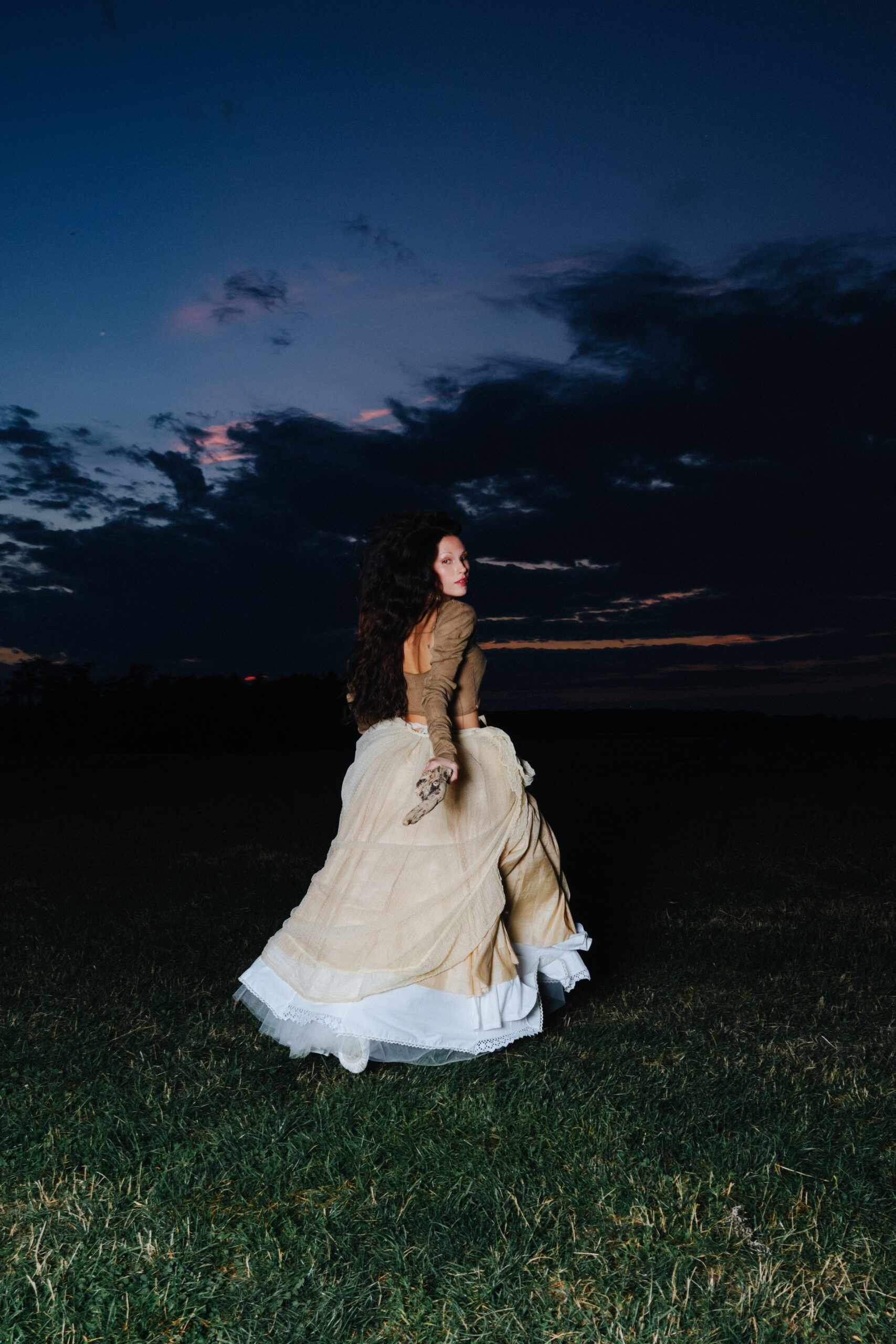 beige silk long-sleeve gown