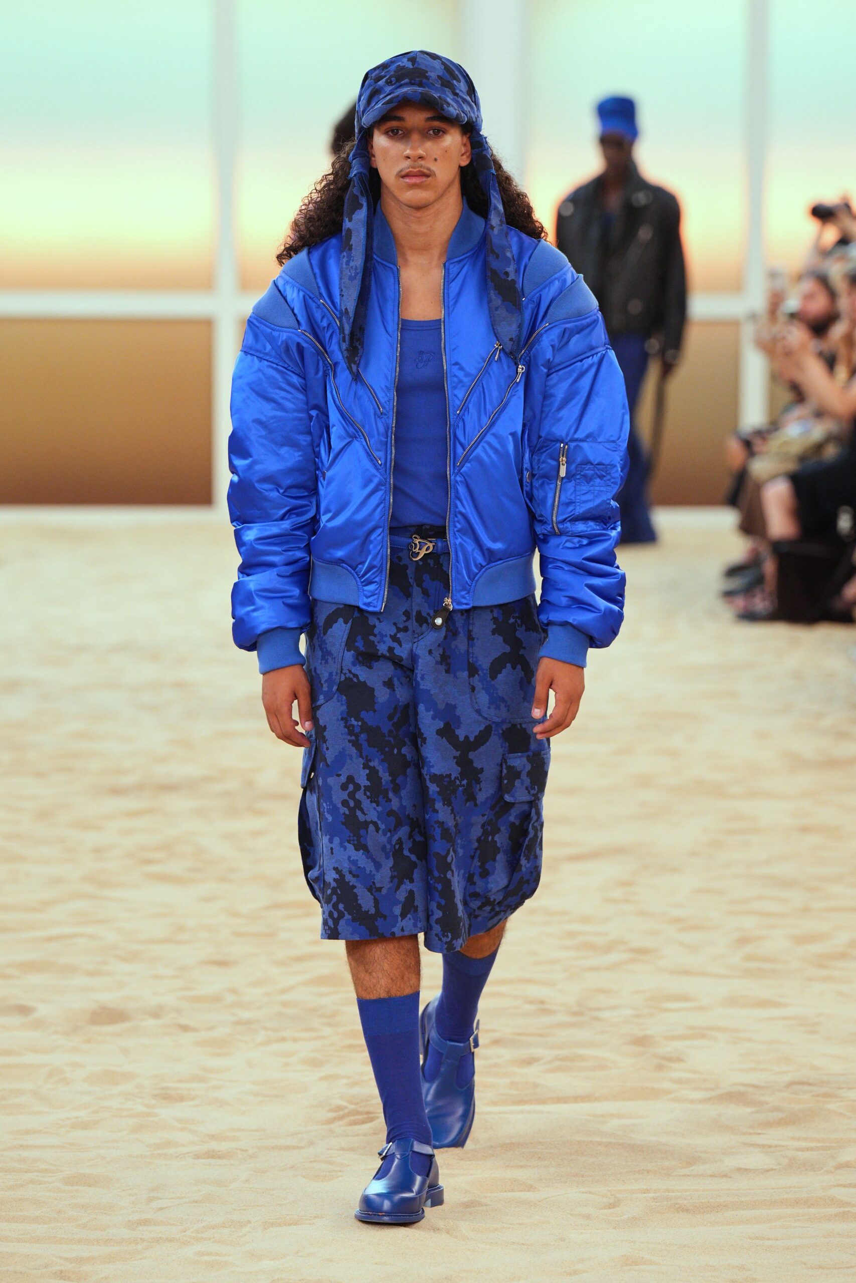 blue relaxed jacket with pleated skirt