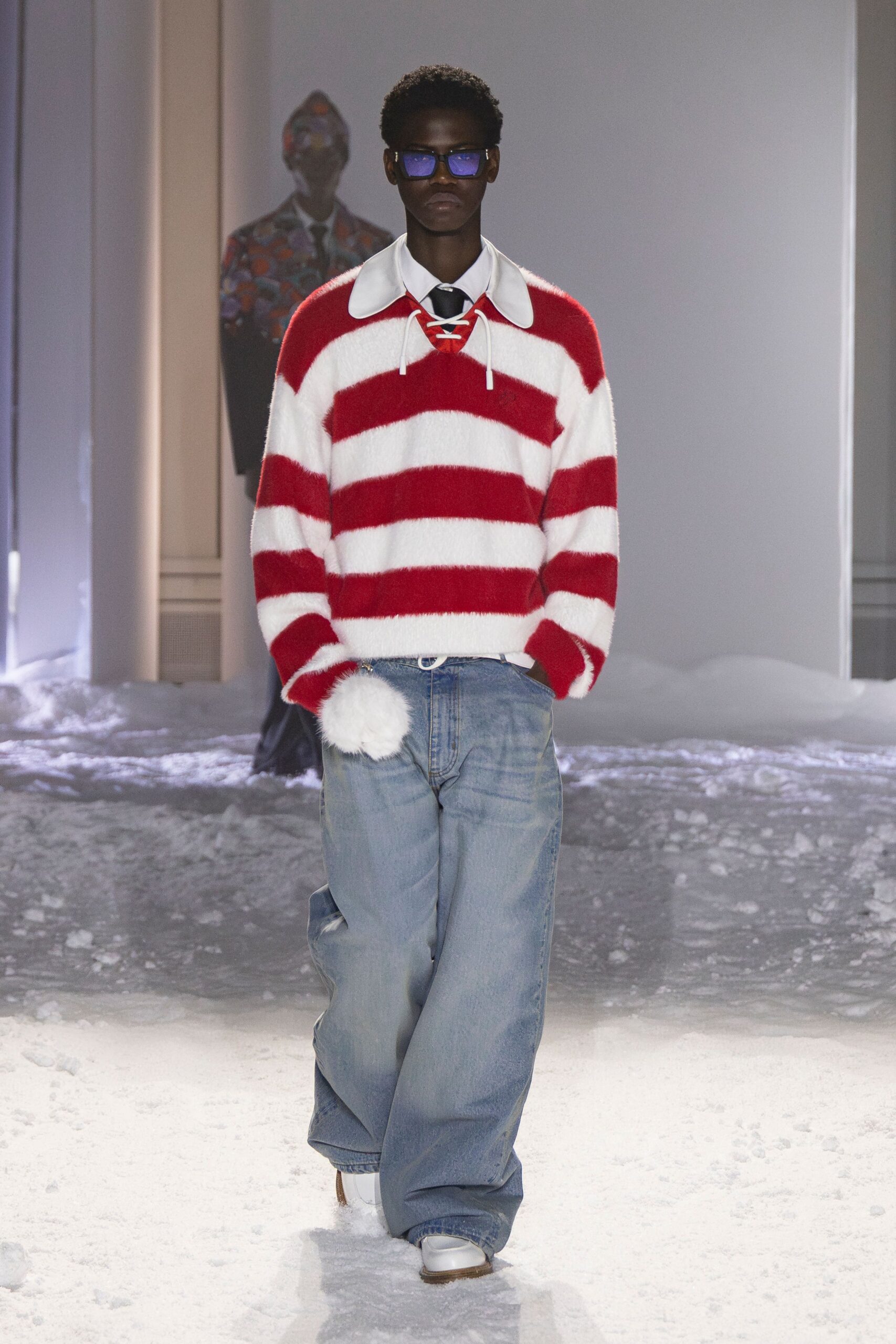 red wool long-sleeve collared relaxed striped sweater