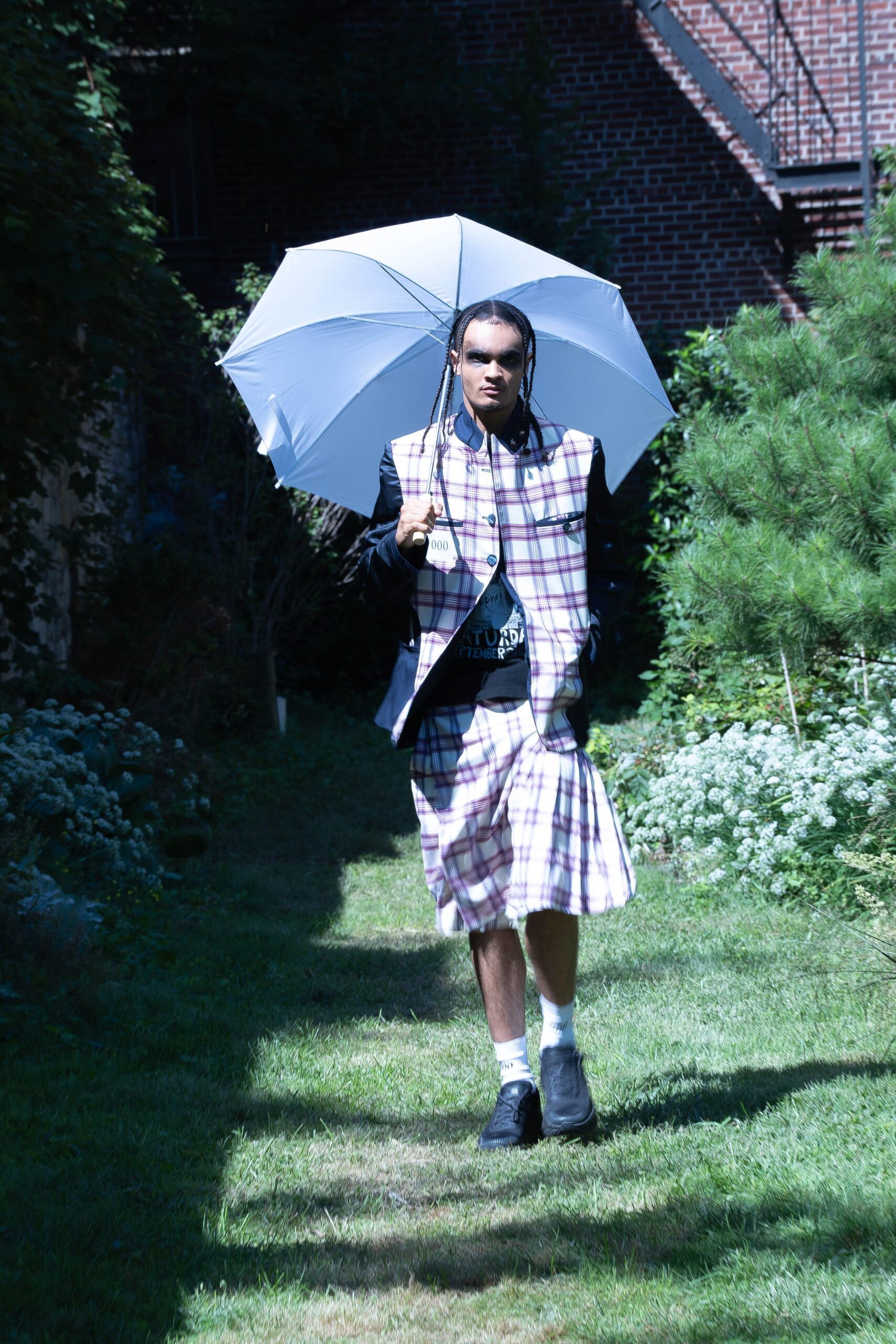 checked vest and skirt outfit