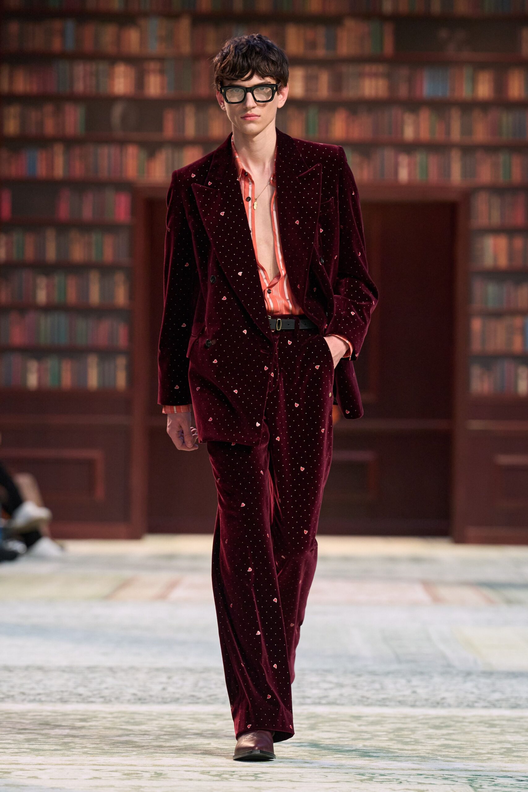 red velvet tailored suit with orange shirt