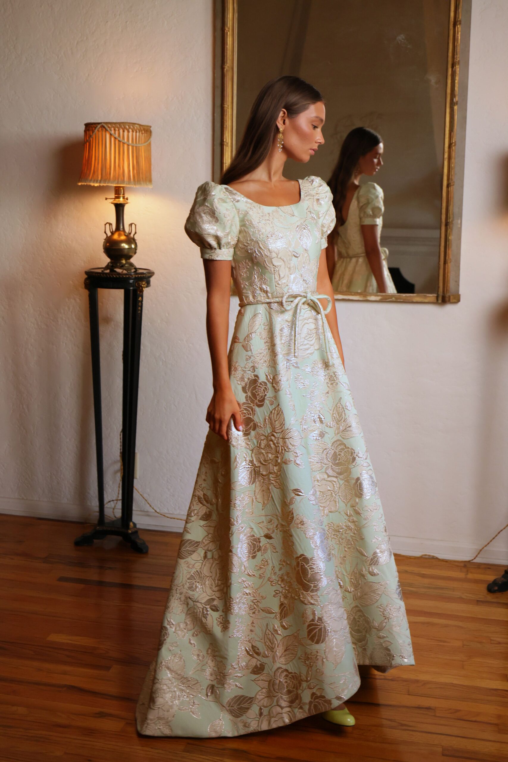 green floral embellished gown