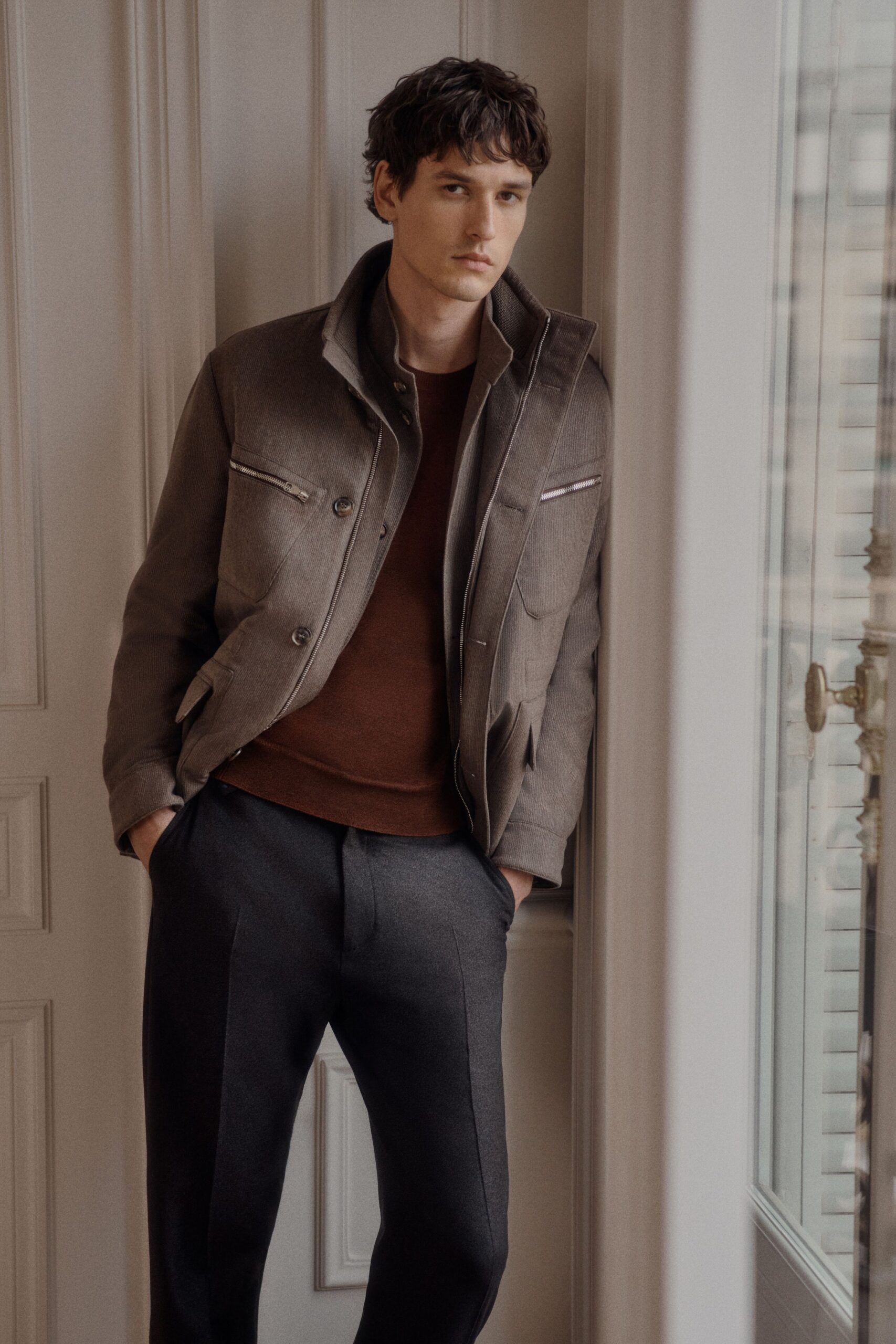 gray wool jacket with brown sweater