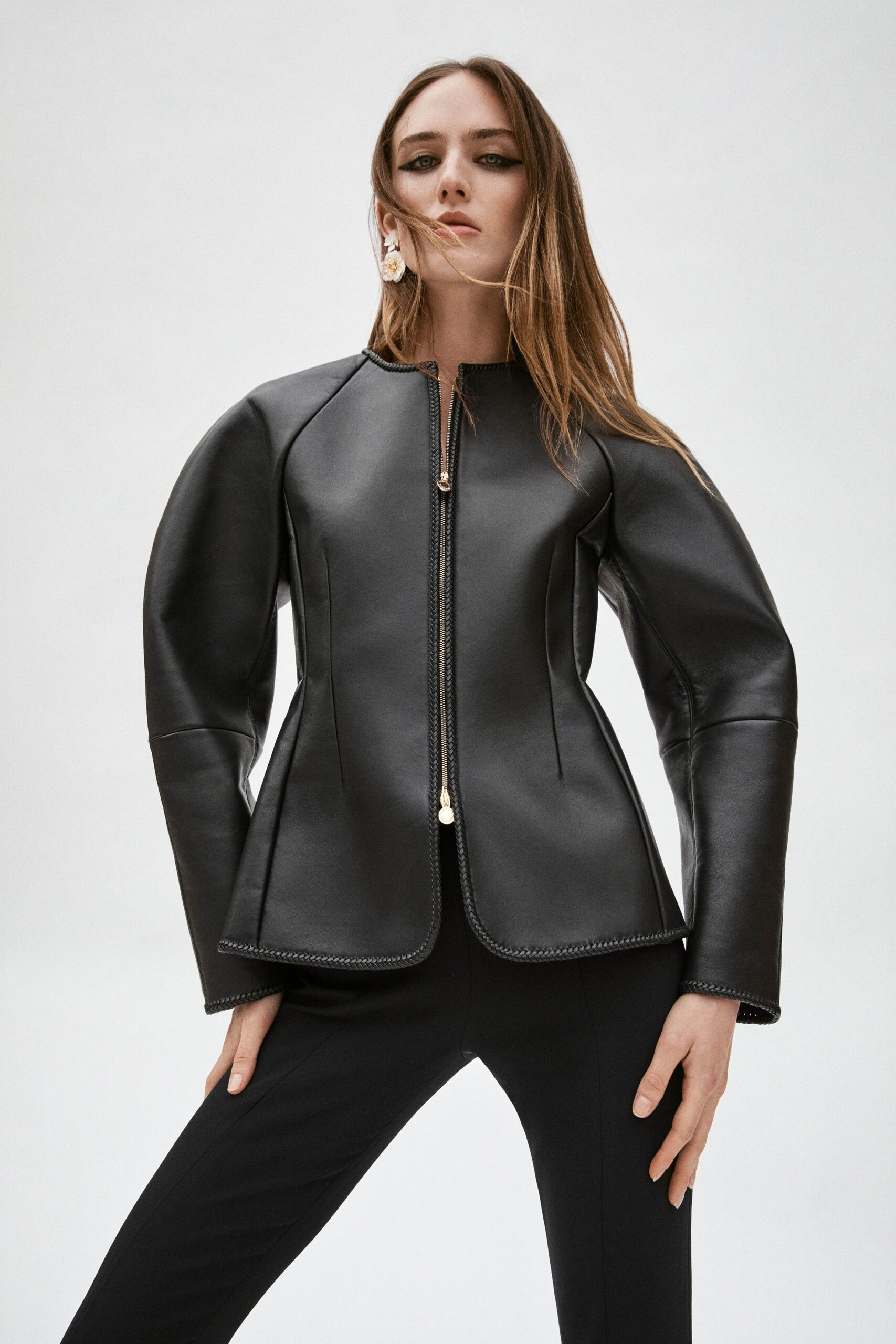 black leather fitted jacket and pants