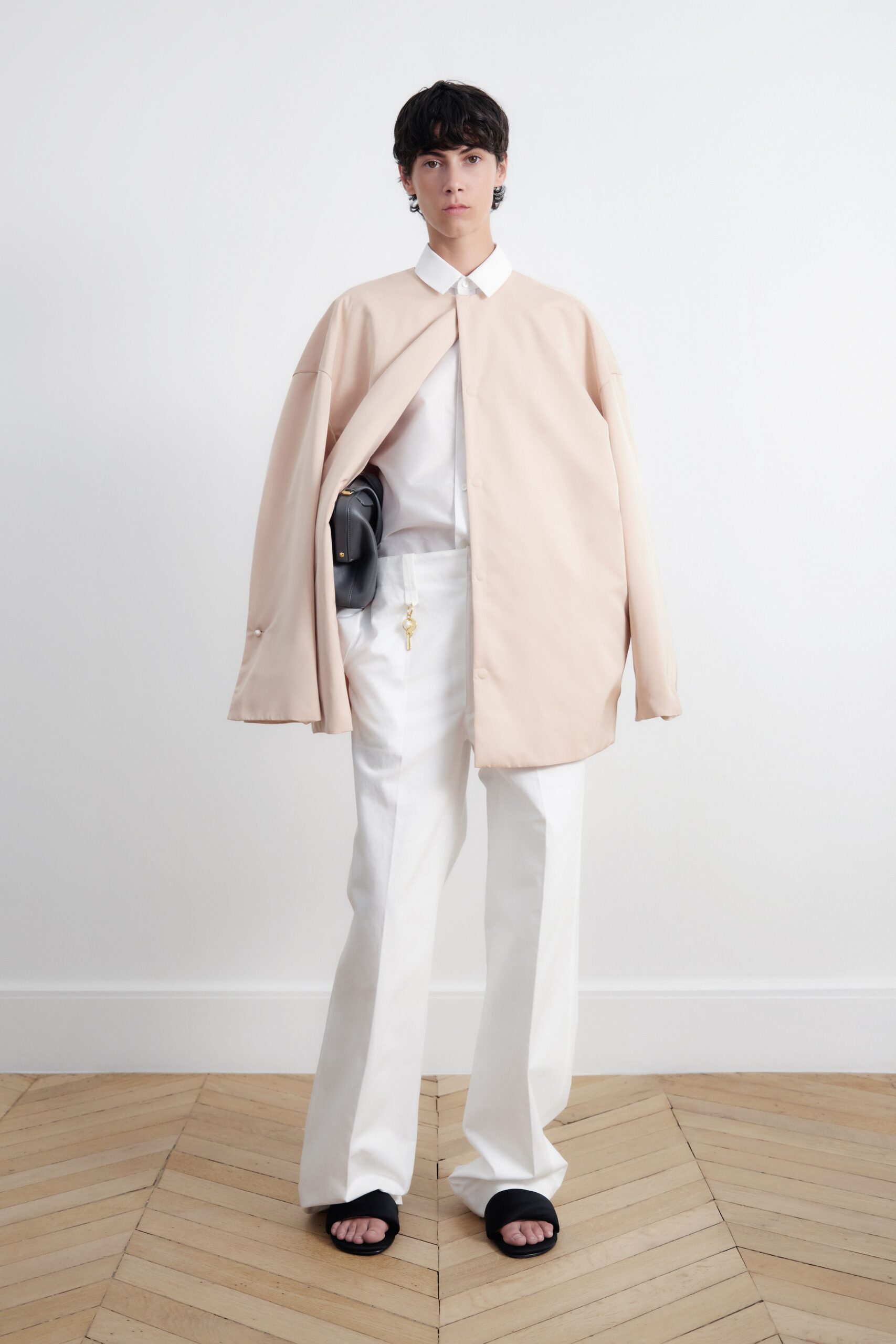 beige oversized jacket with white shirt