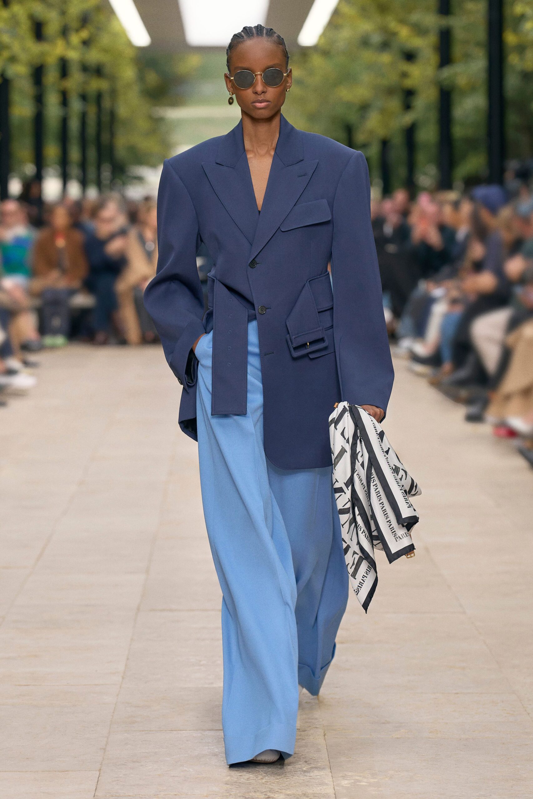 blue oversized blazer with wide-leg pants