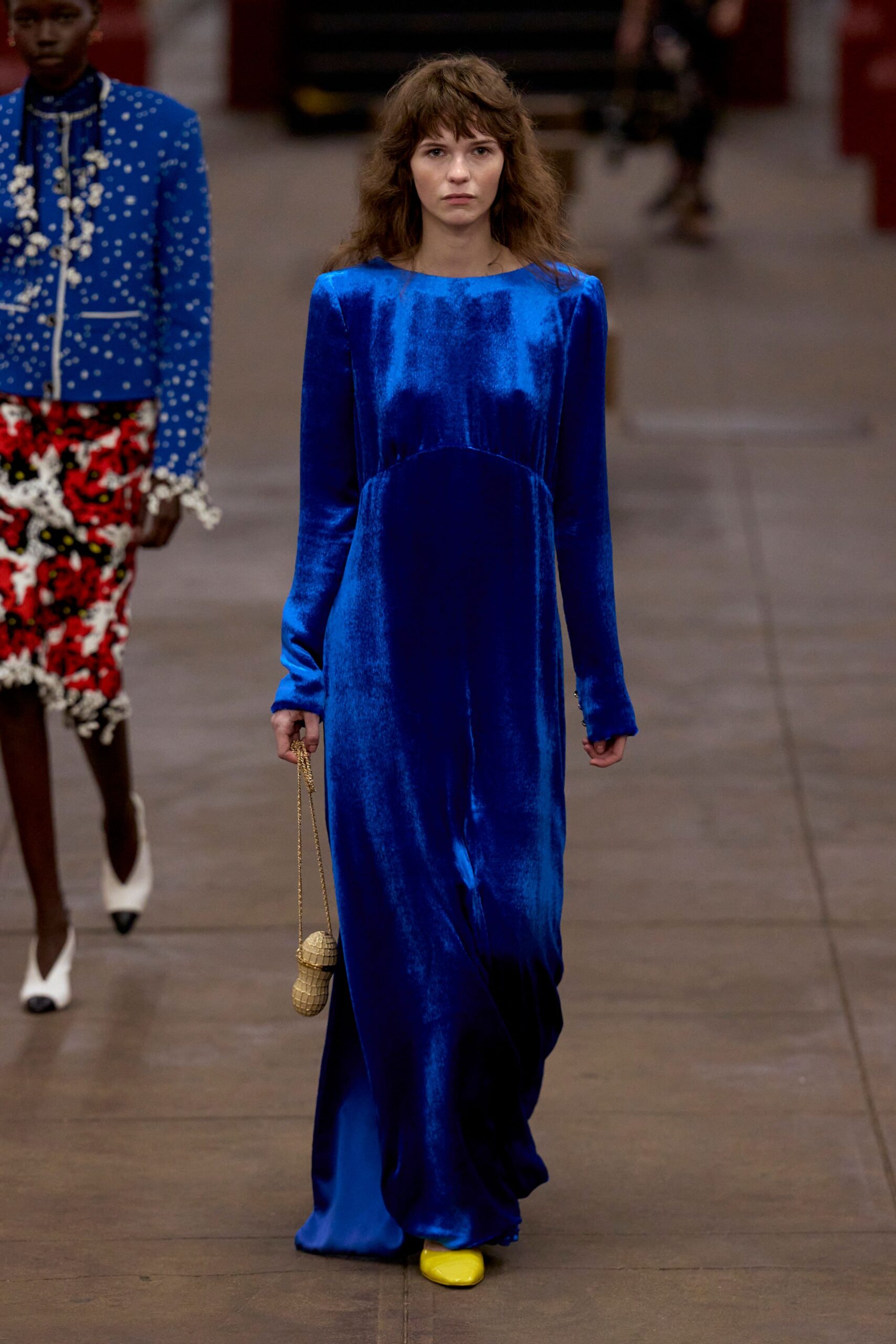 blue velvet long-sleeve high-neck fitted flowing maxi gown