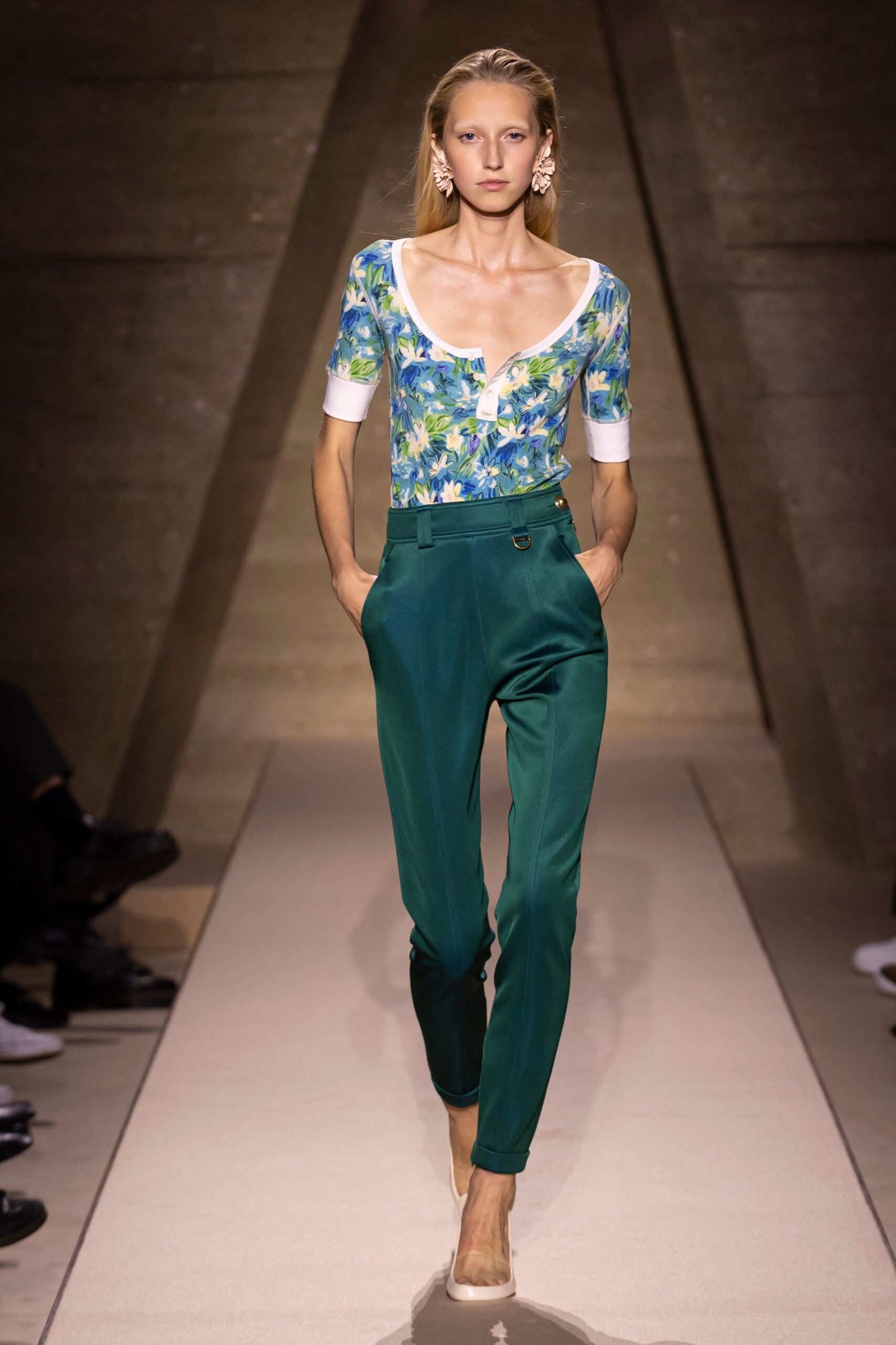 blue green printed top with tailored pants