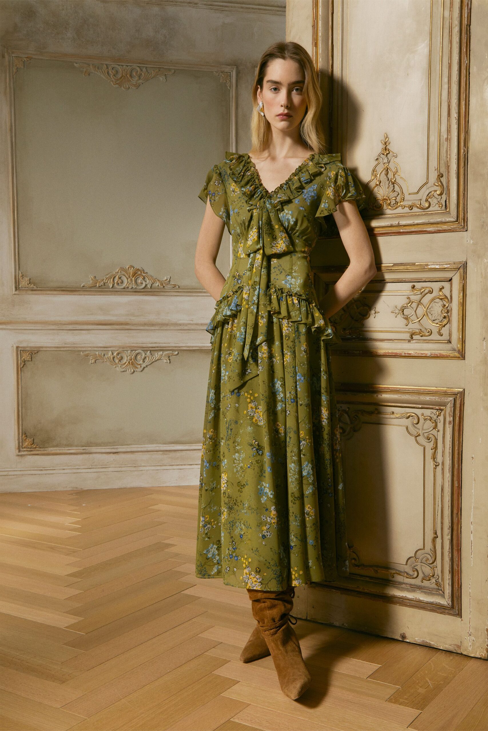 green floral midi dress with brown boots