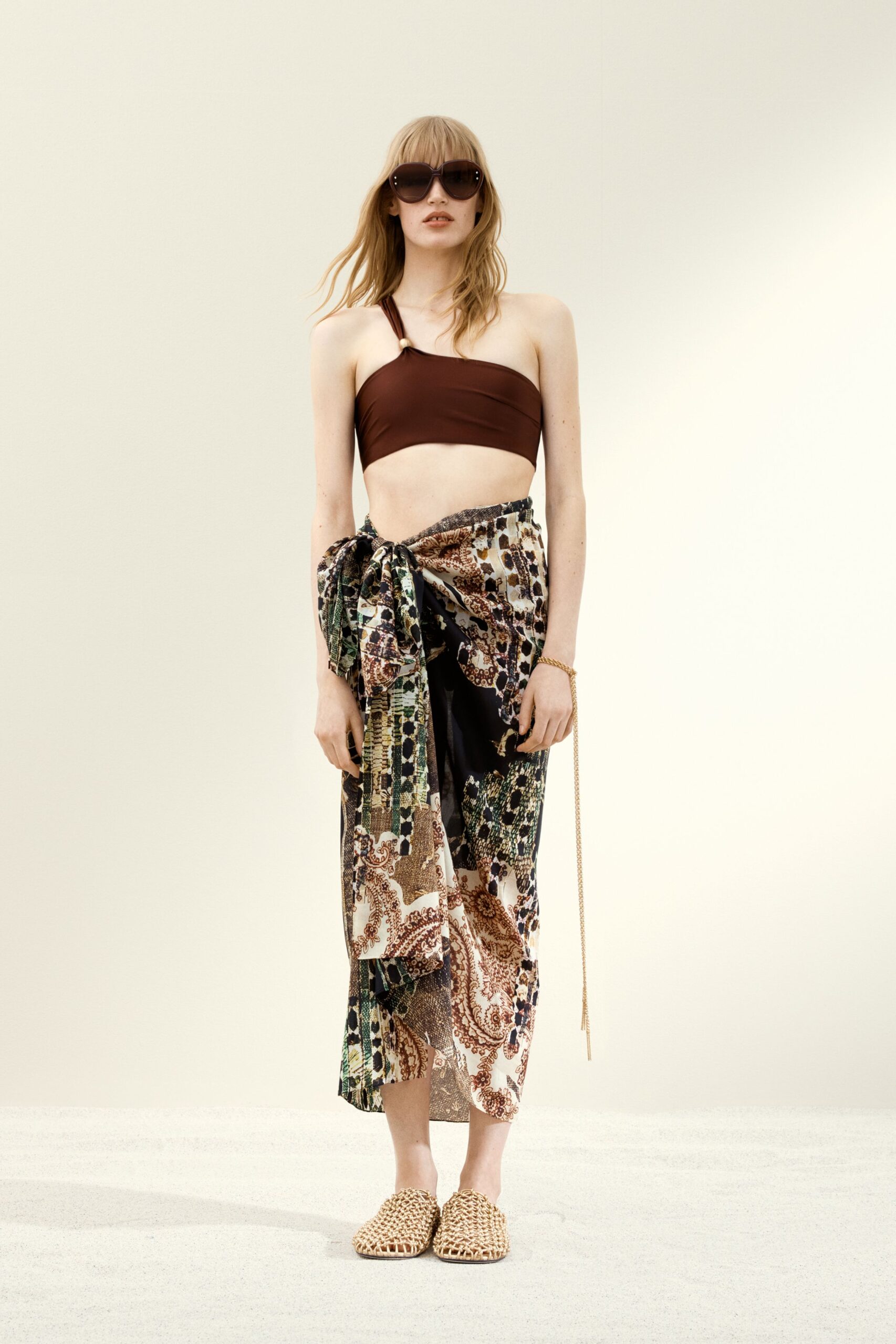 brown halter top with printed skirt