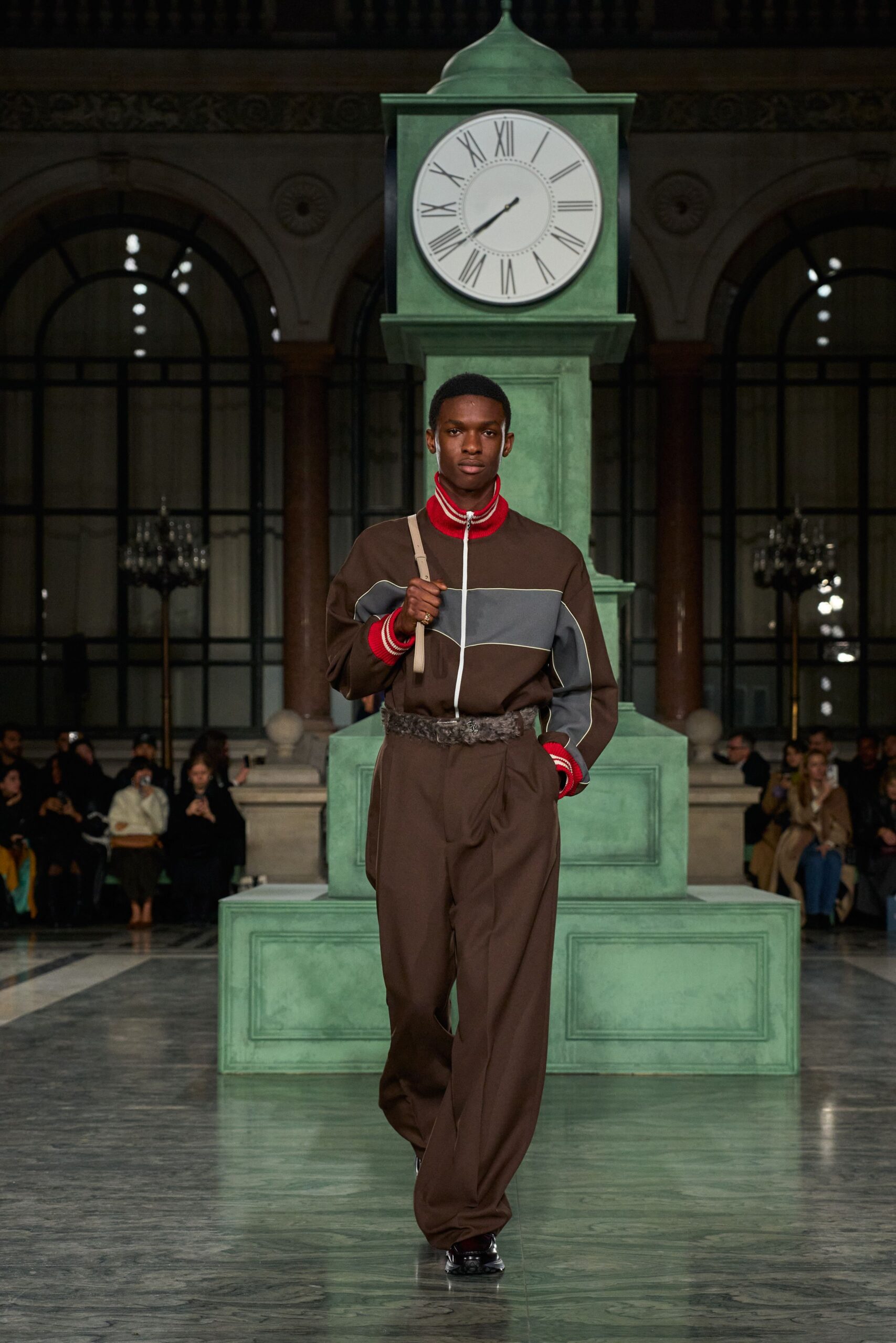 brown color-blocked jacket with wide-leg pants