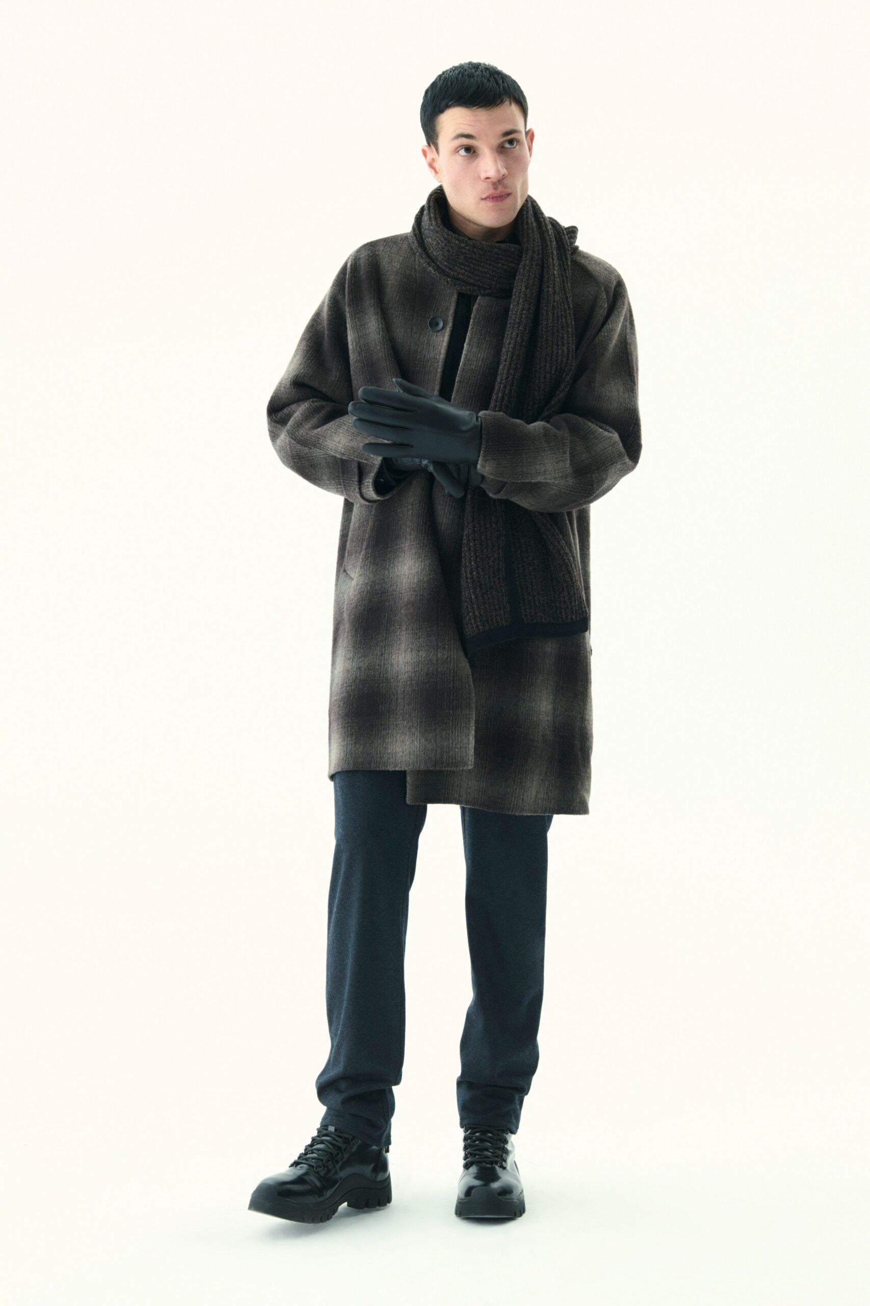 brown checked coat with black pants