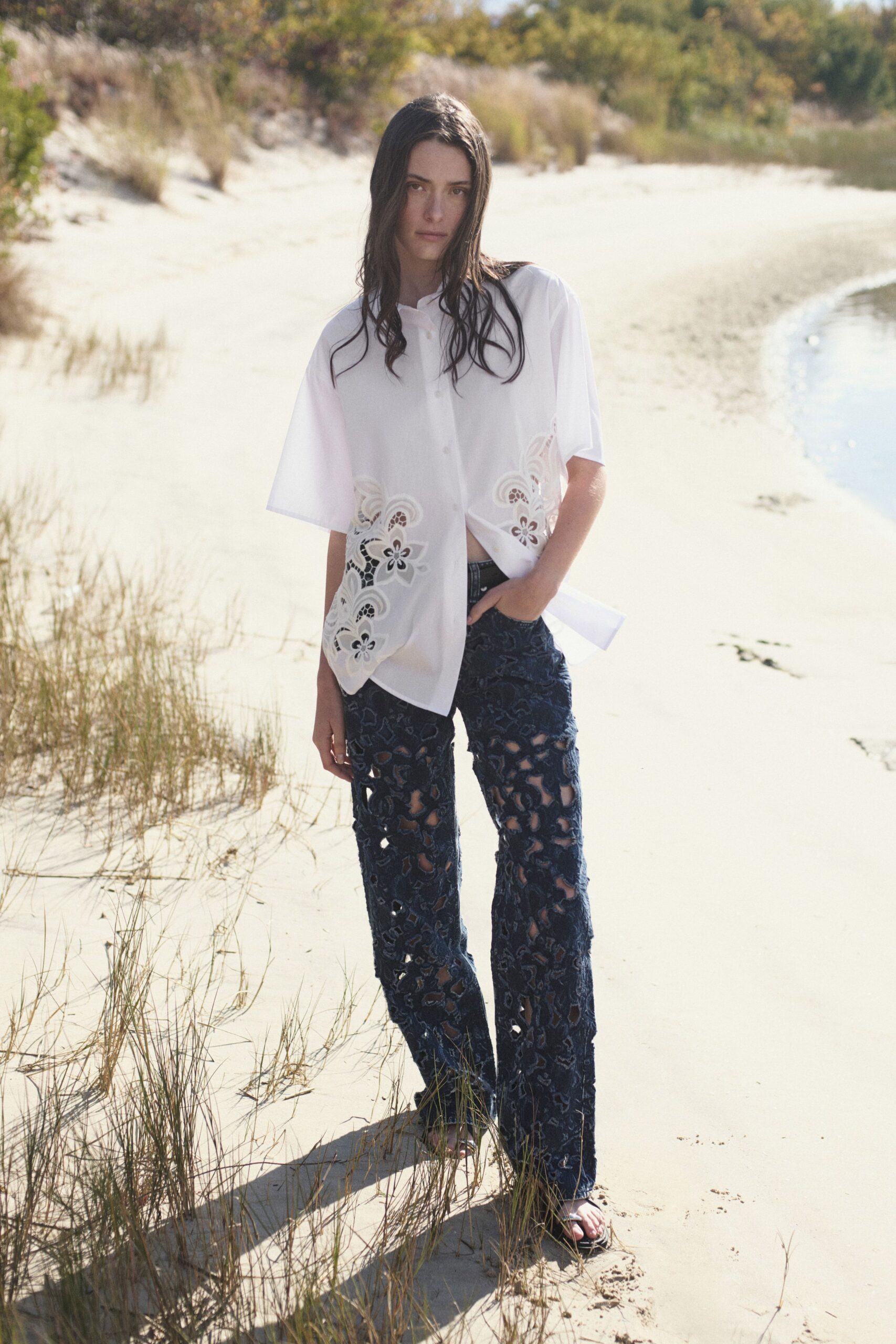 blue lace fitted flared pants
