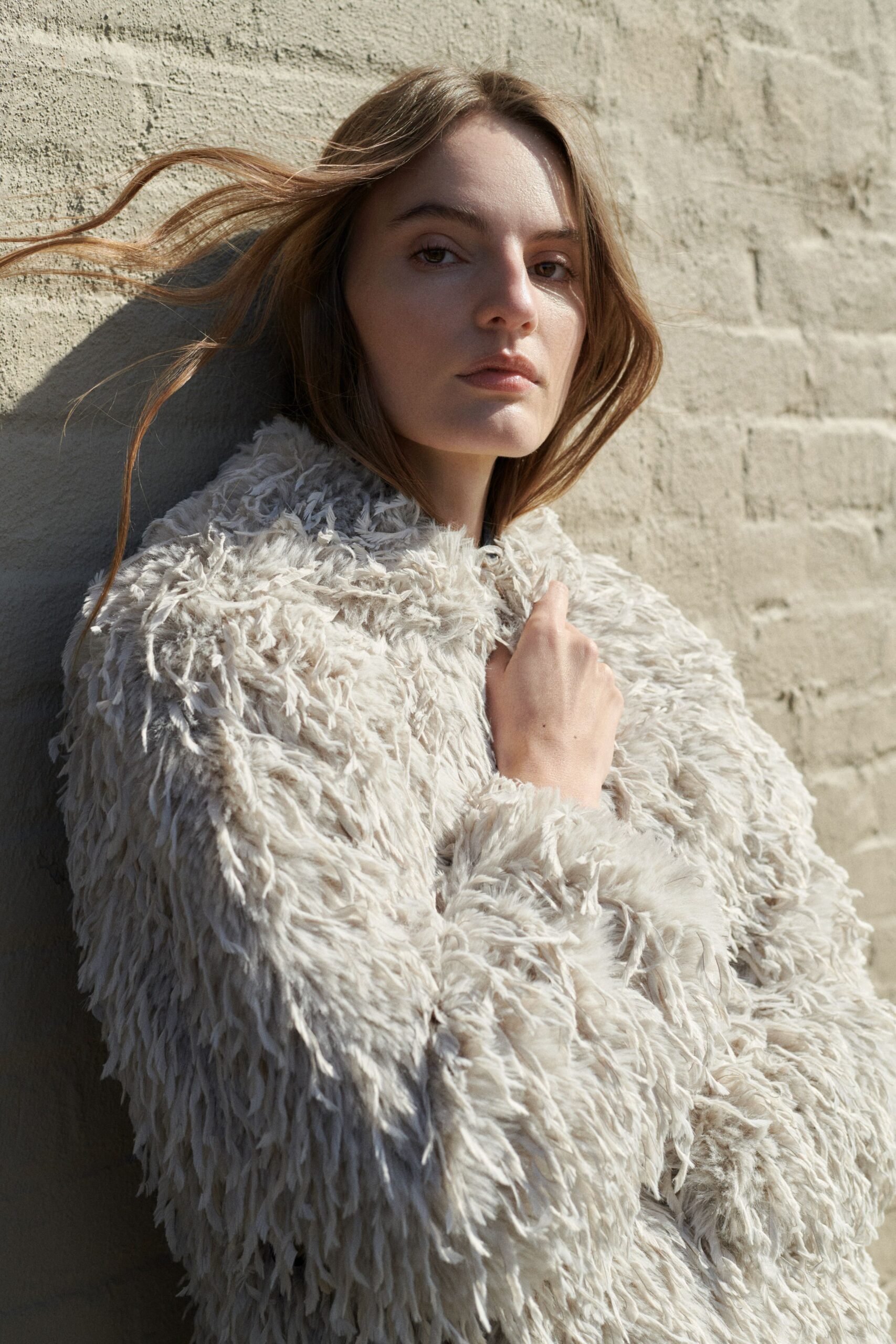 beige faux-fur relaxed coat