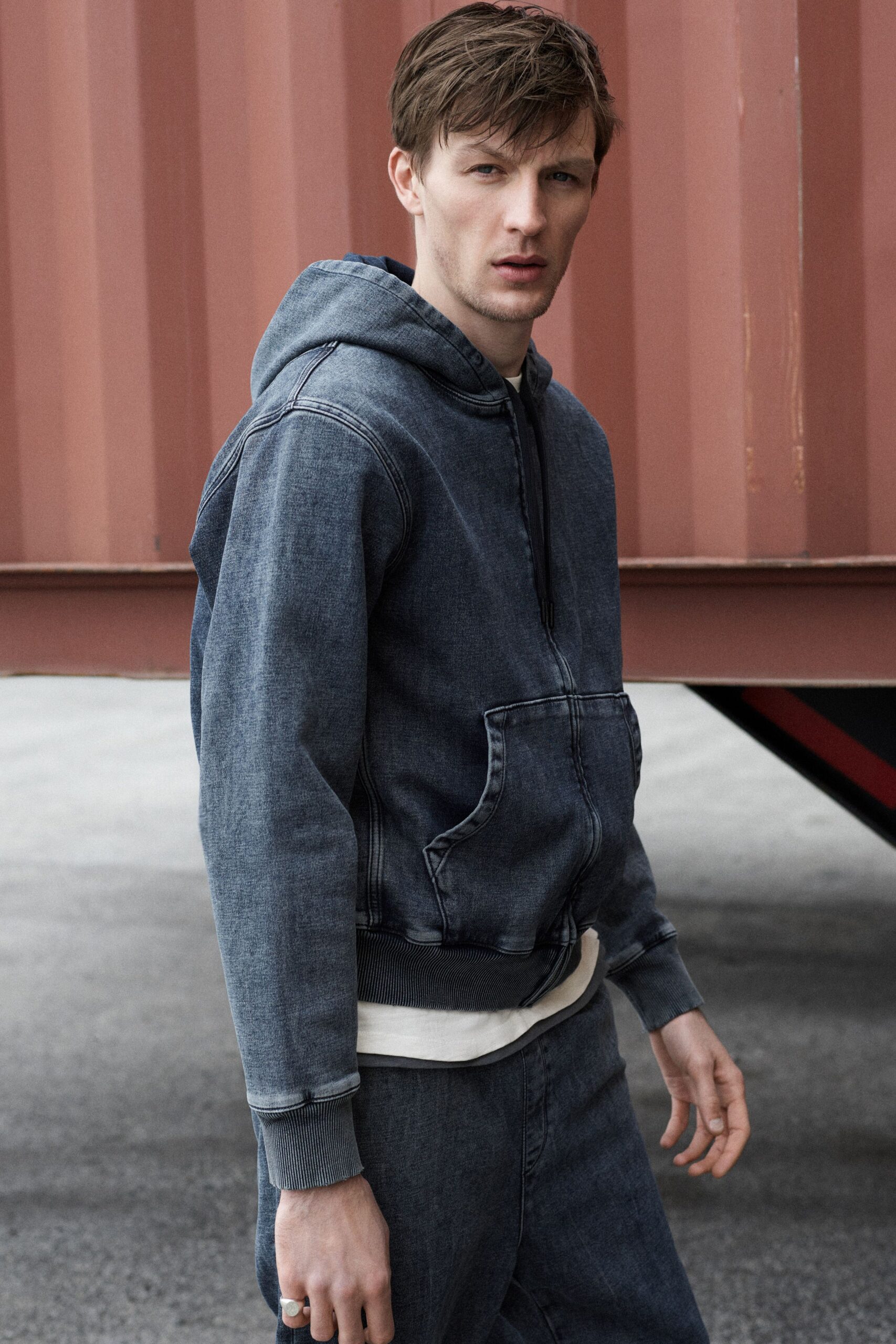 blue denim long-sleeve hooded relaxed hoodie