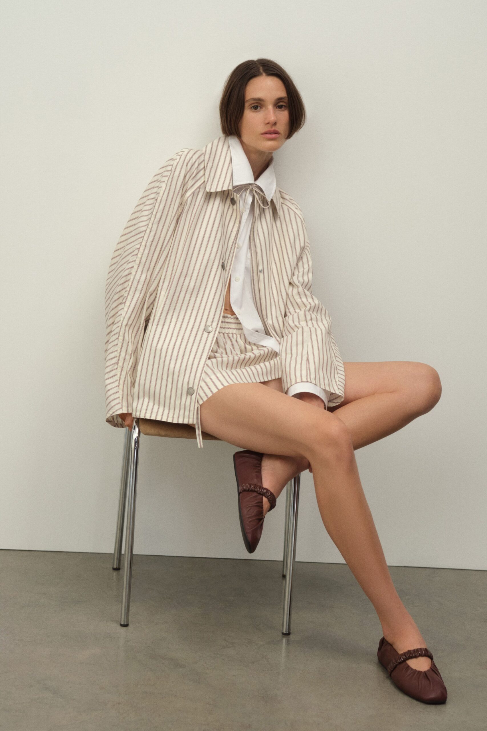 beige striped jacket with shorts