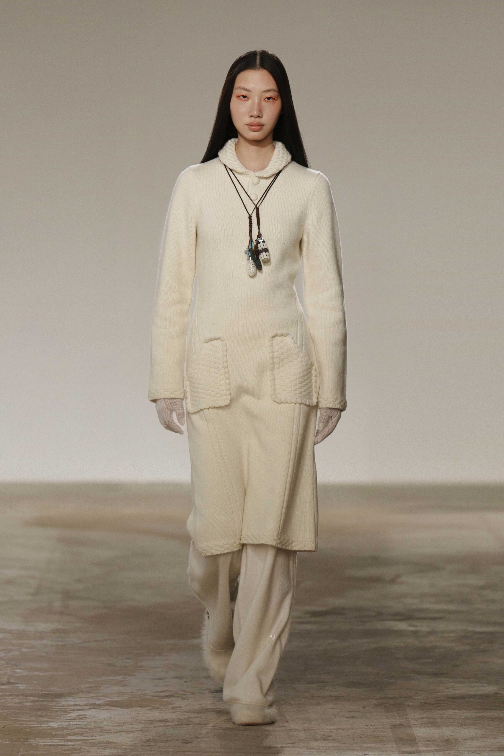 white wool long-sleeve collared fitted zippered midi dress