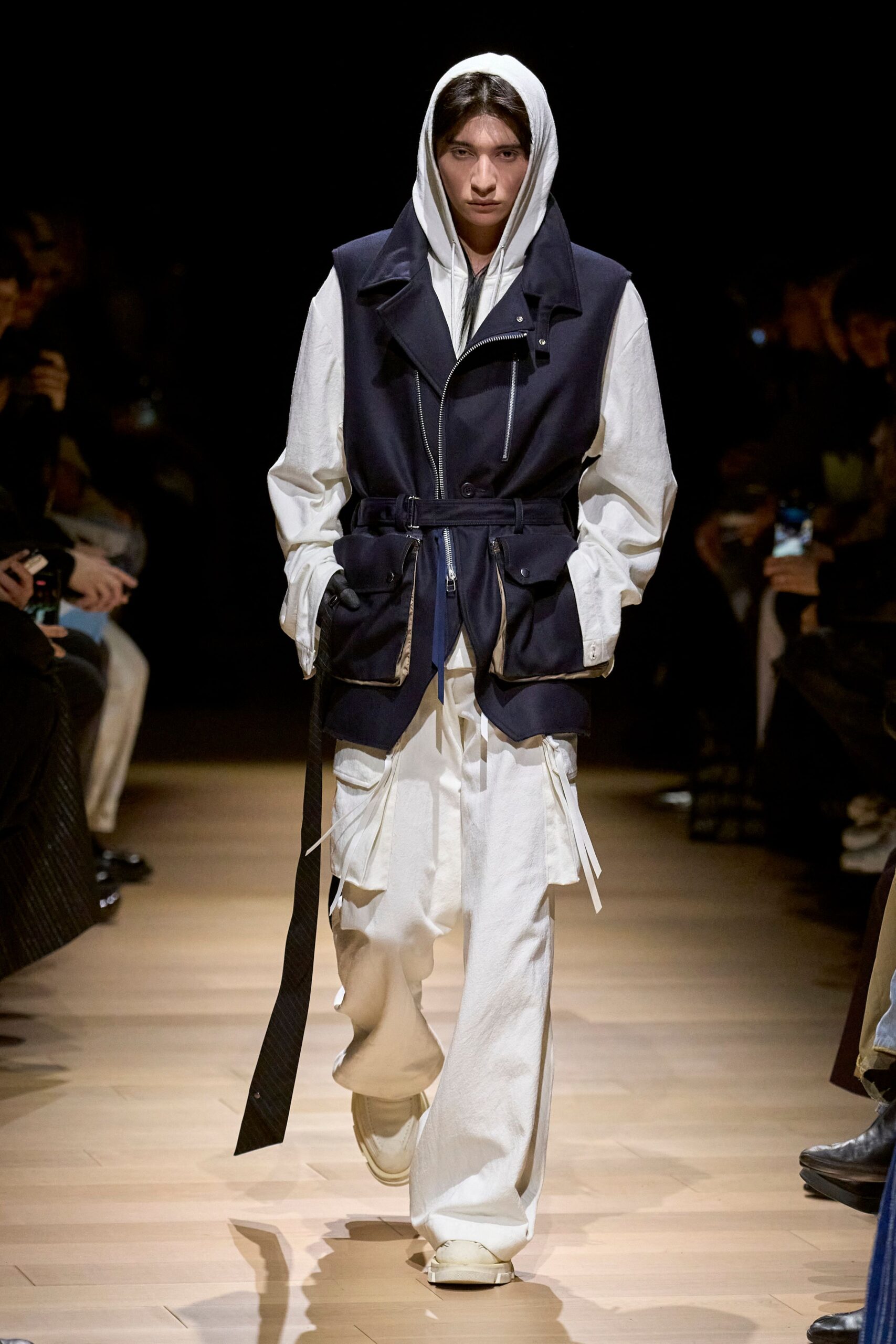 navy jacket with white shirt and pants