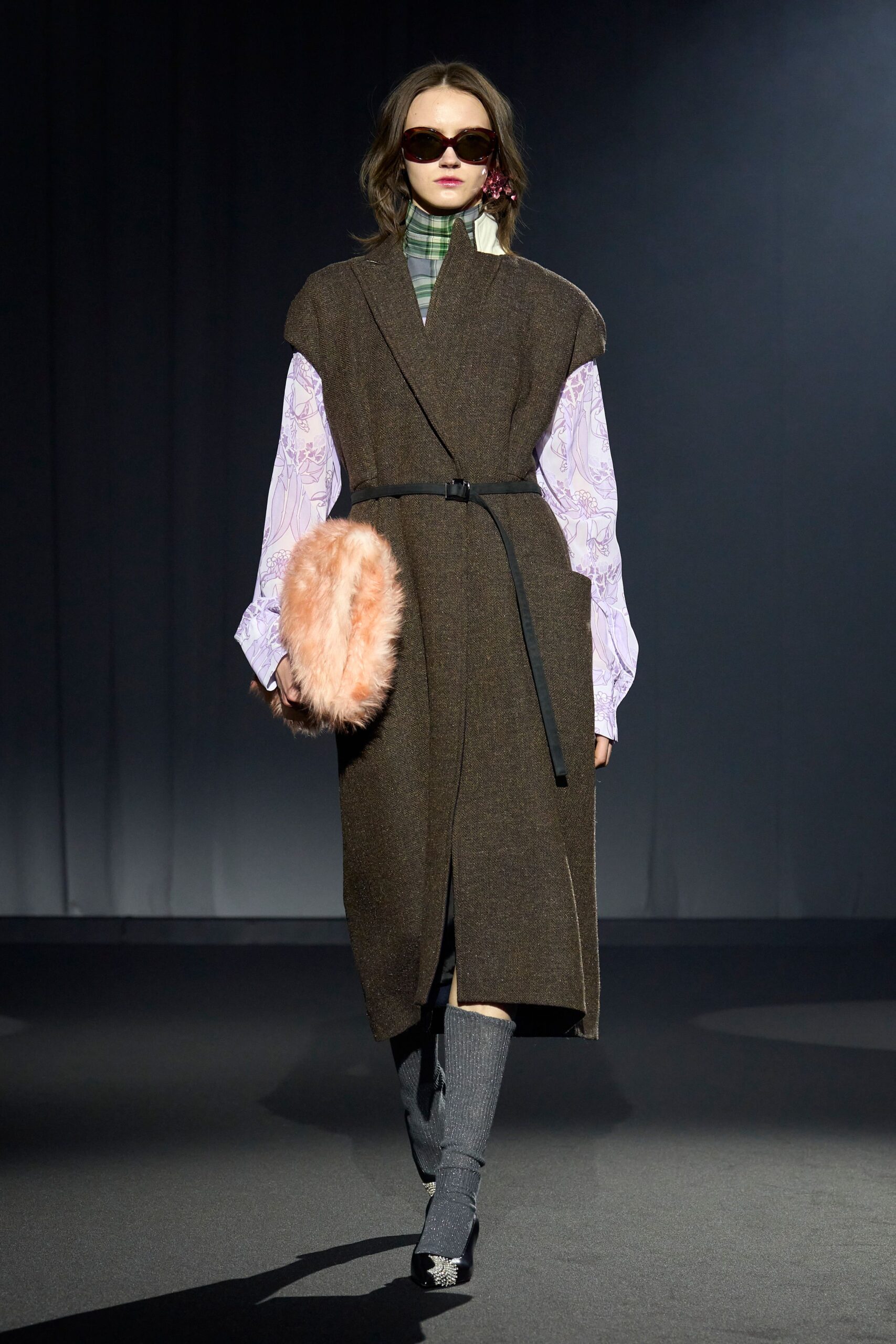 brown wool long-sleeve collared relaxed belted midi coat