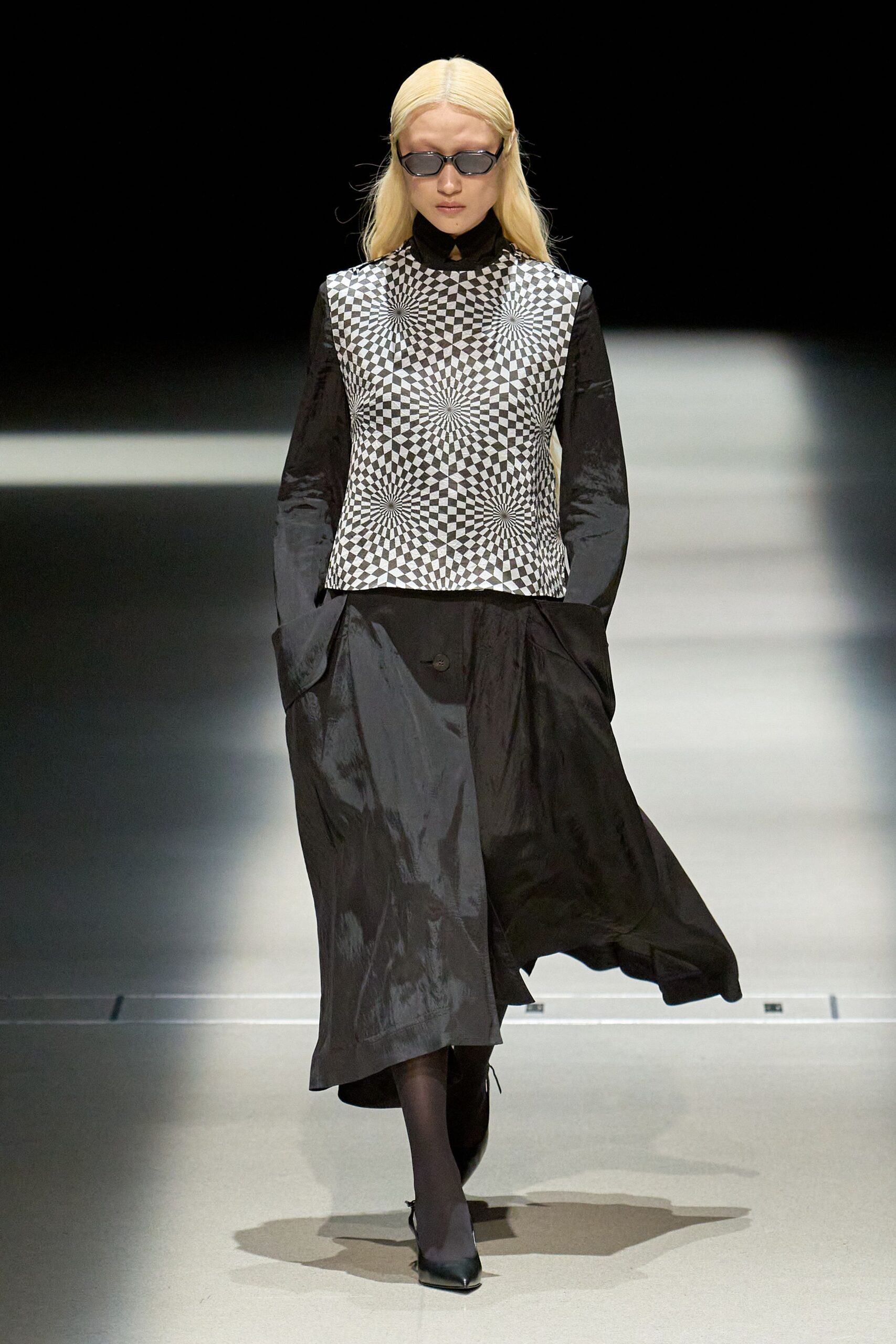 black and white checked top with midi skirt