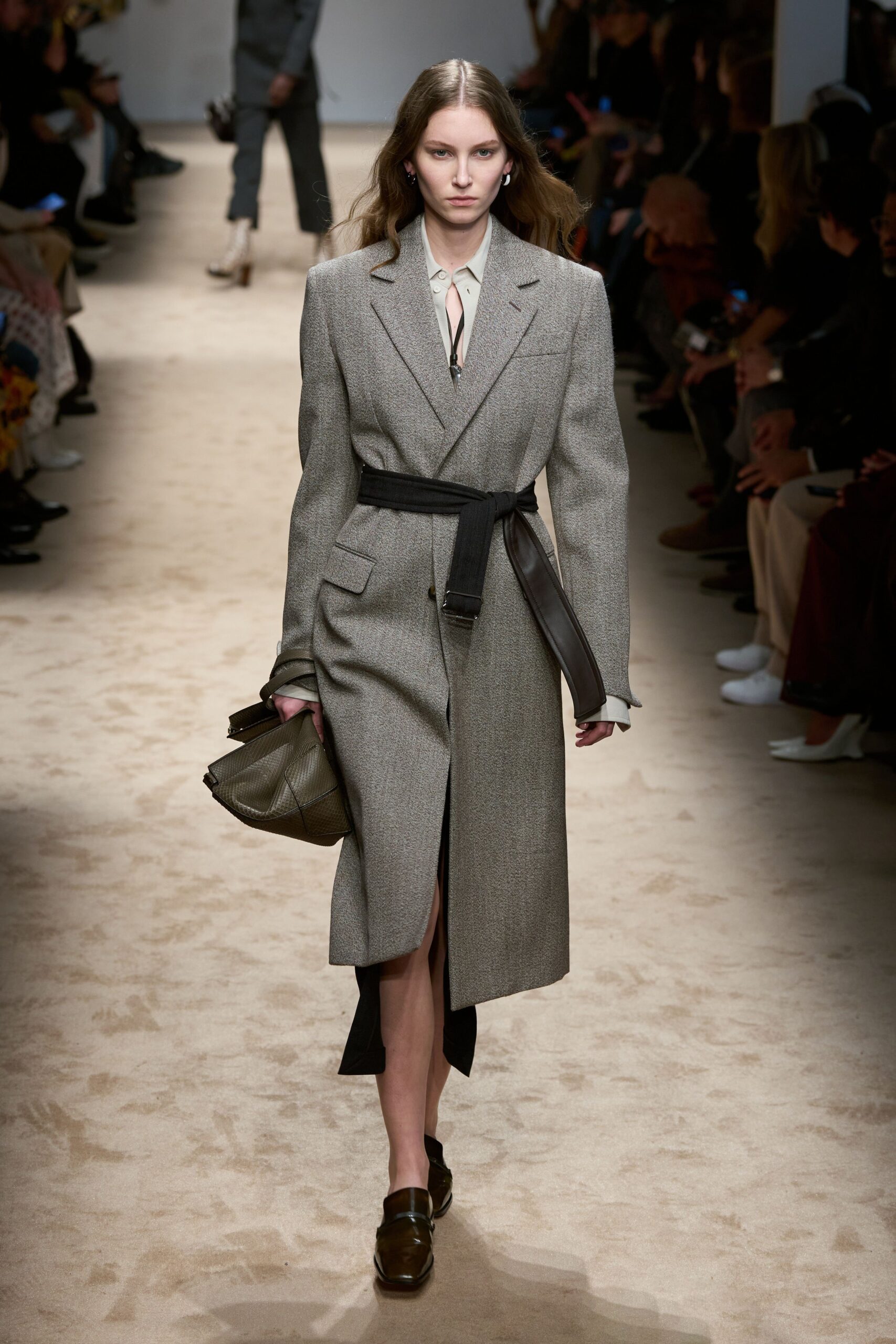 gray wool long-sleeve collared tailored belted midi coat
