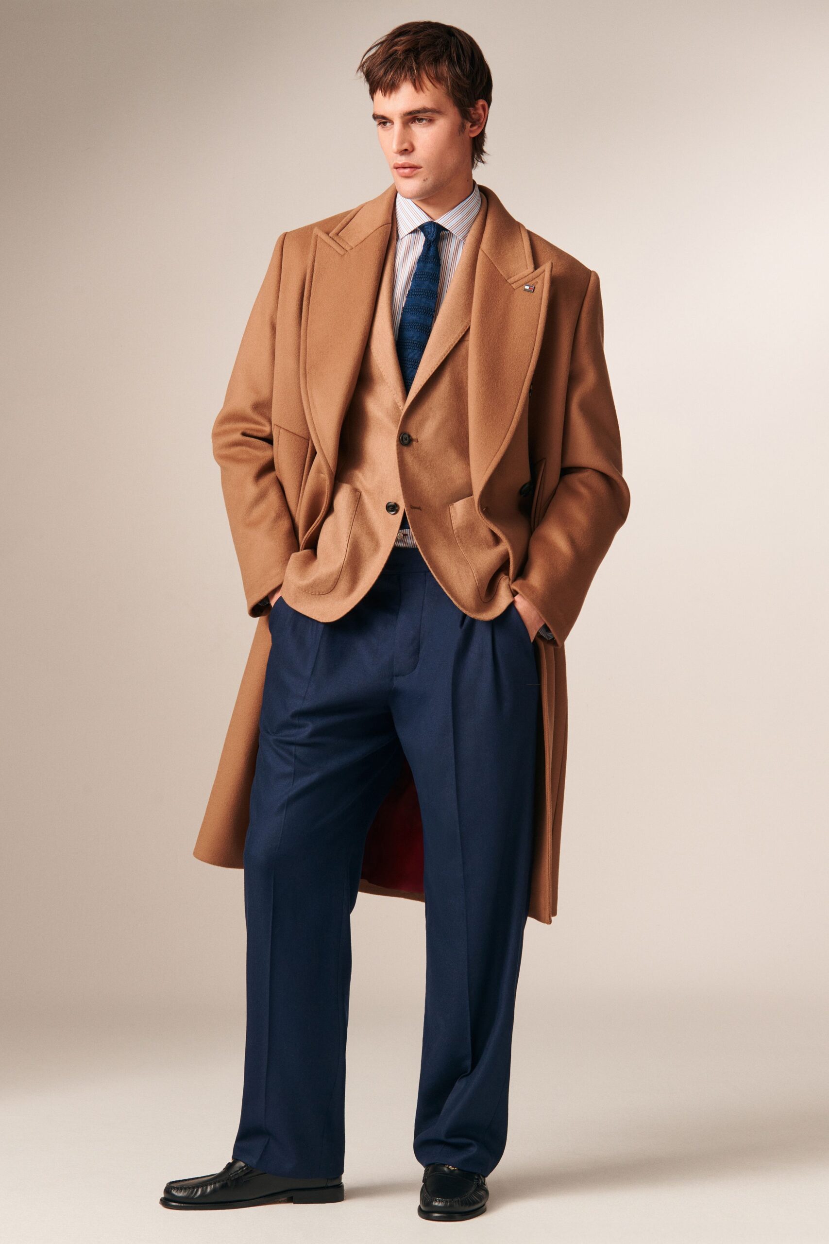 brown wool long-sleeve collared structured buttoned maxi coat