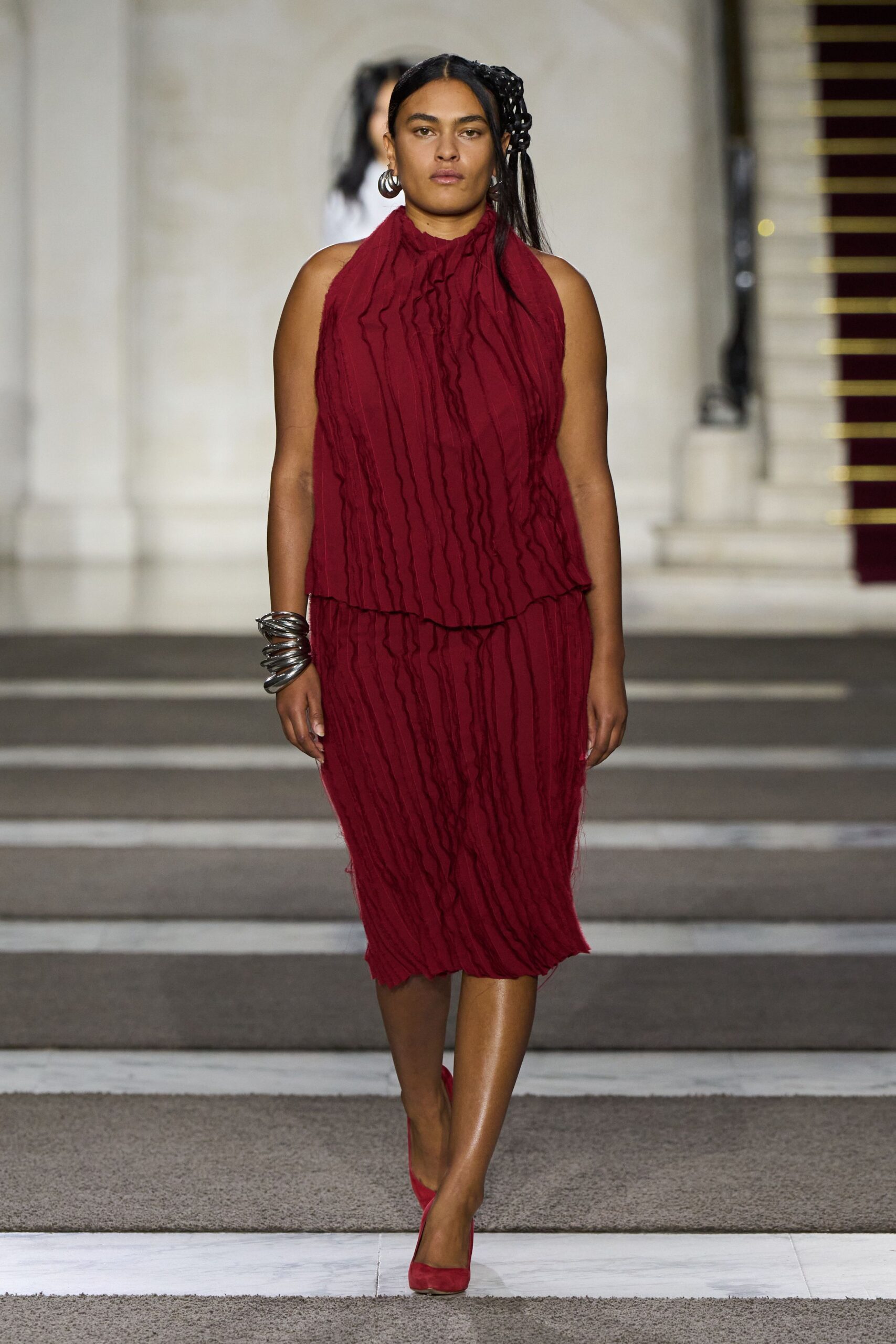 red pleated midi dress with heels