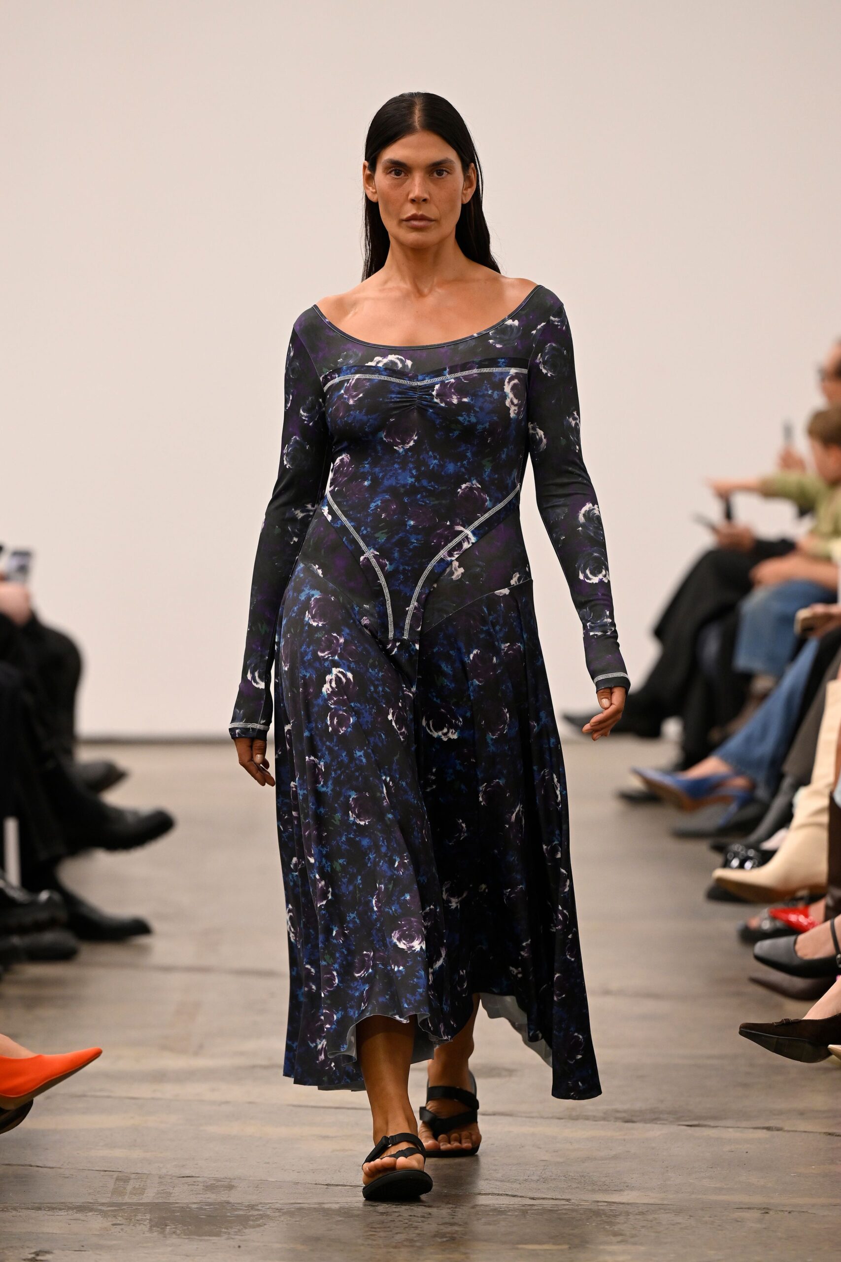 black silk long-sleeve off-shoulder fitted flared printed dress