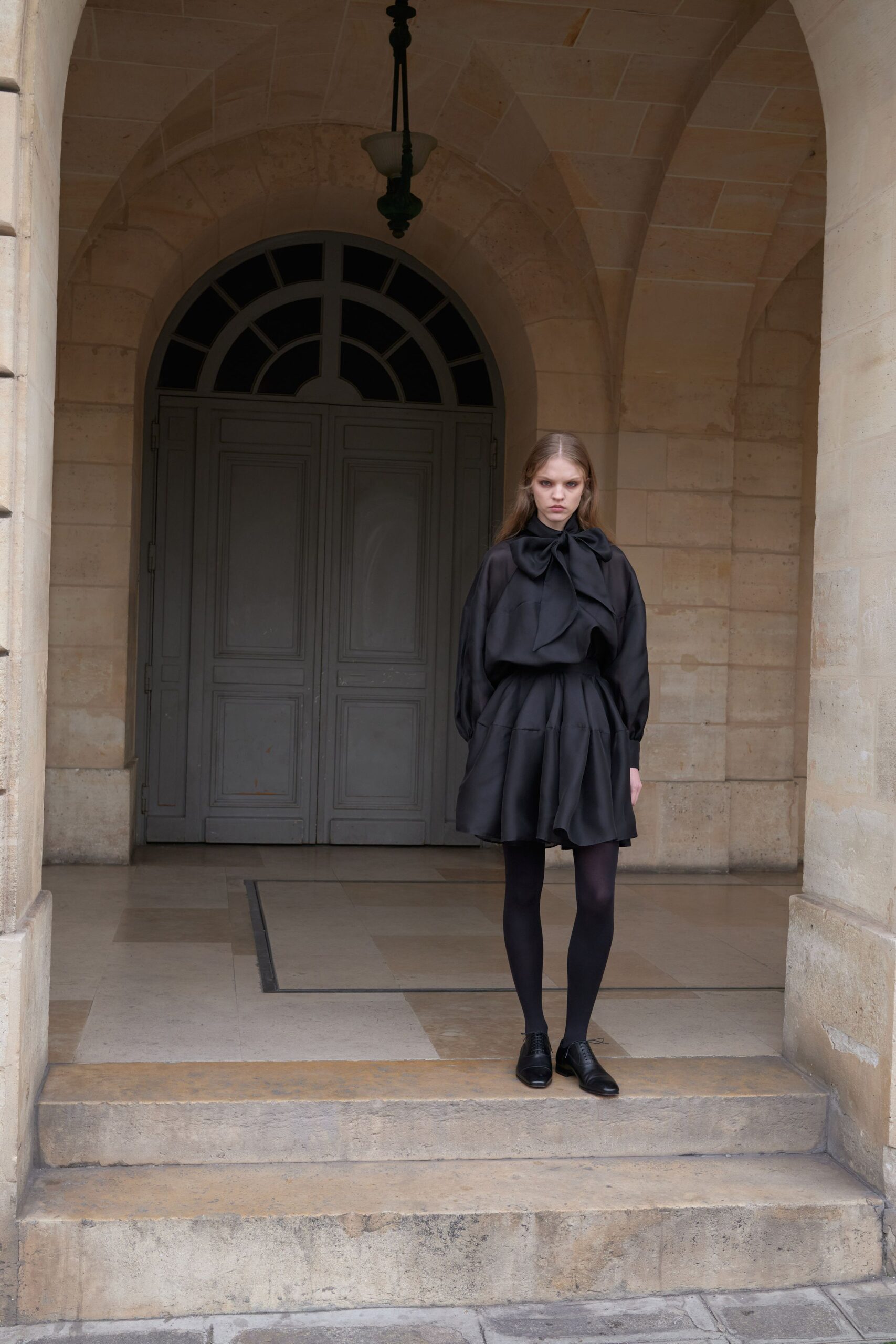 black silk long-sleeve collared fitted pleated mini dress