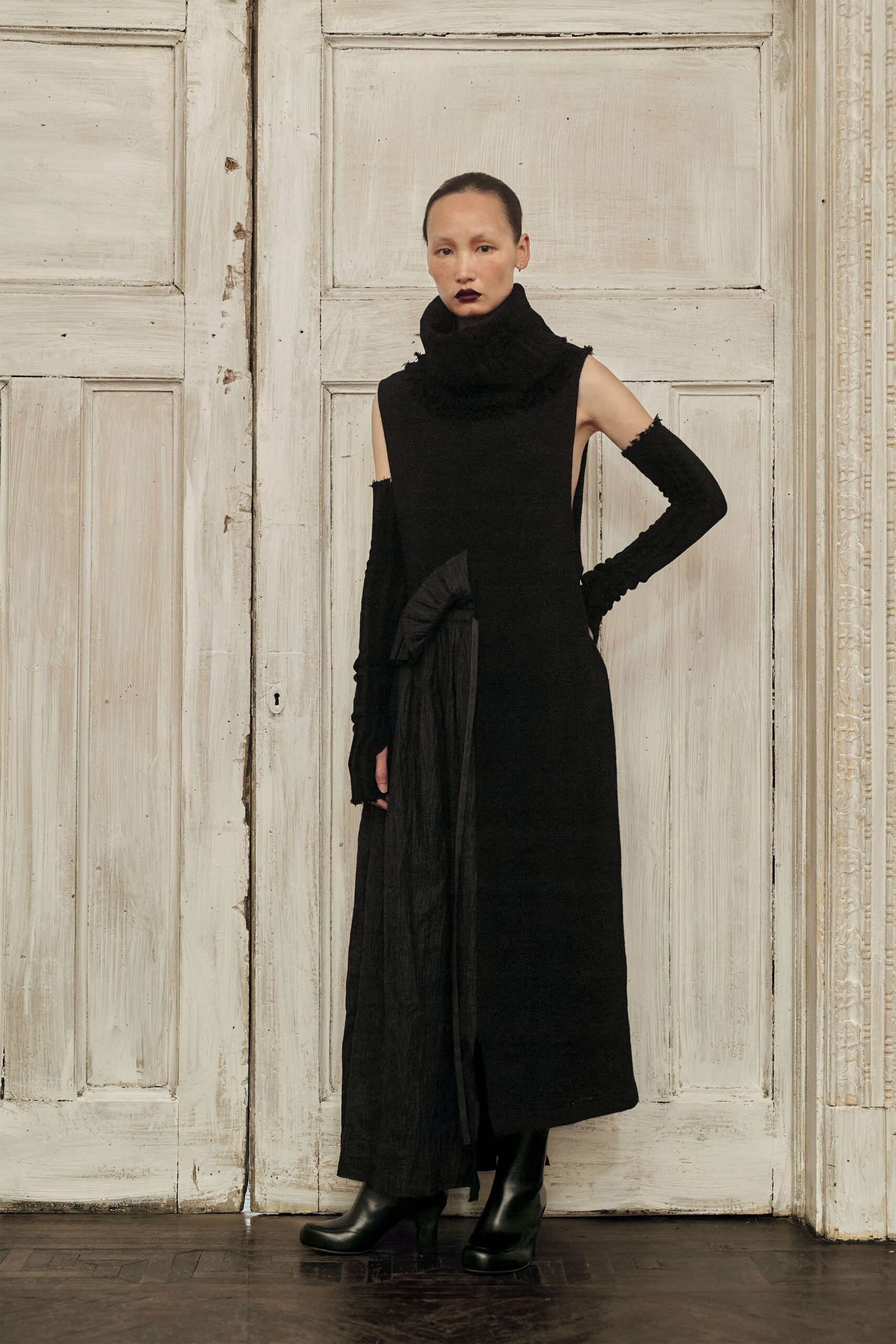 black wool sleeveless high-neck fitted draped midi dress