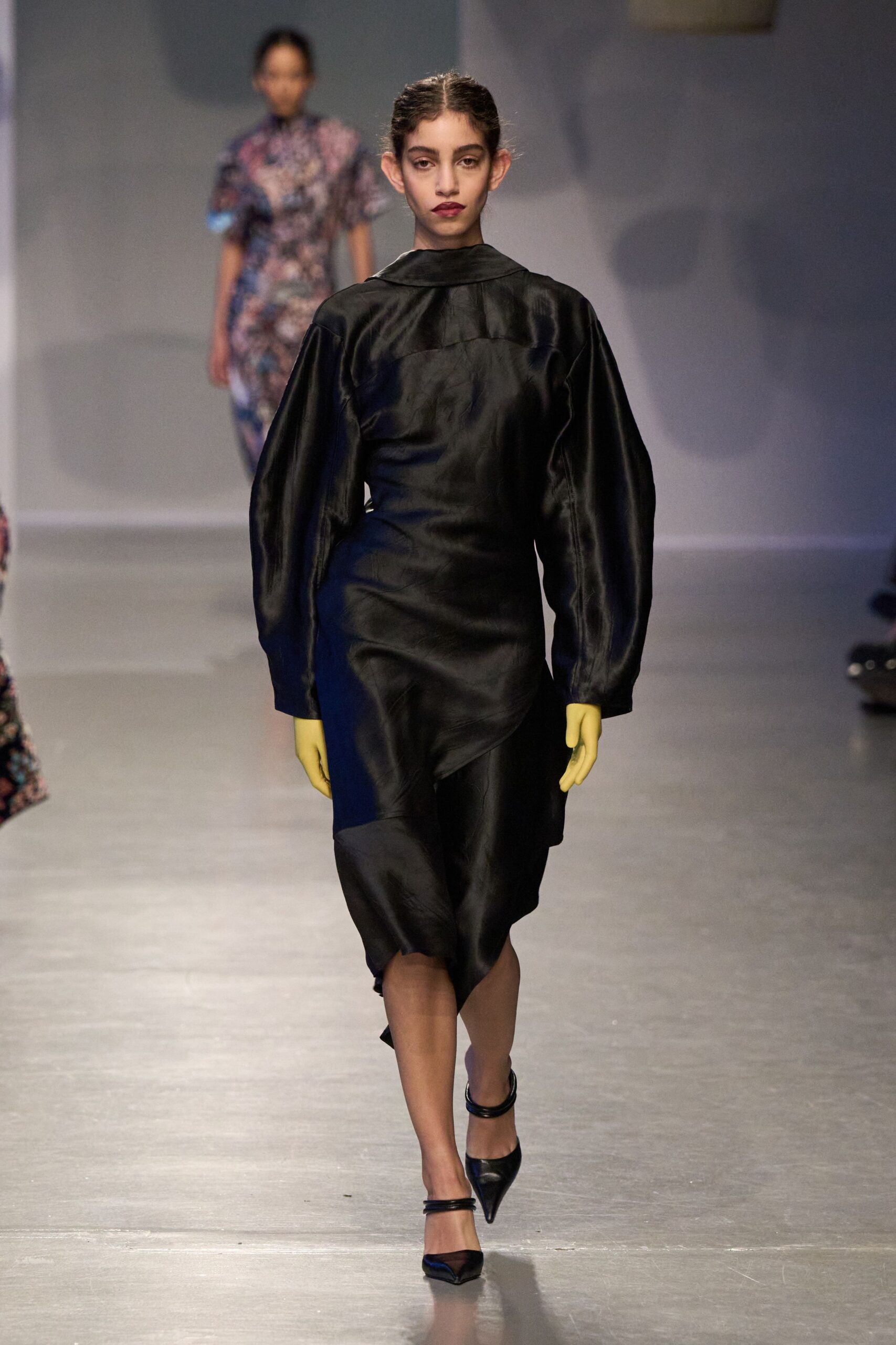 black silk midi dress with gloves
