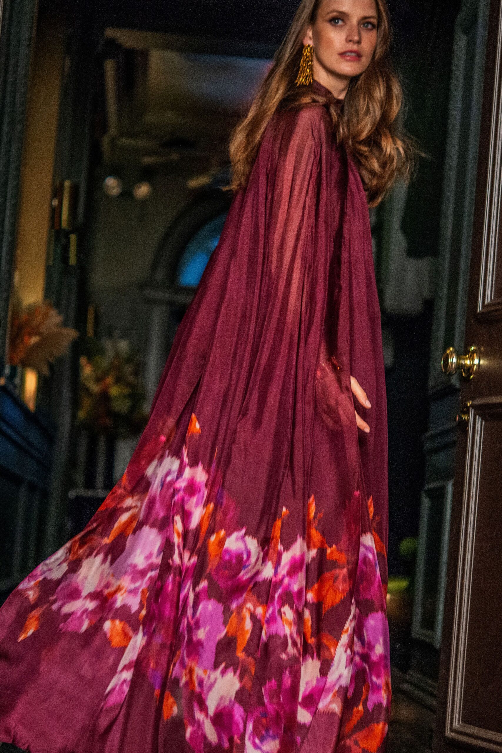 purple floral flowing gown