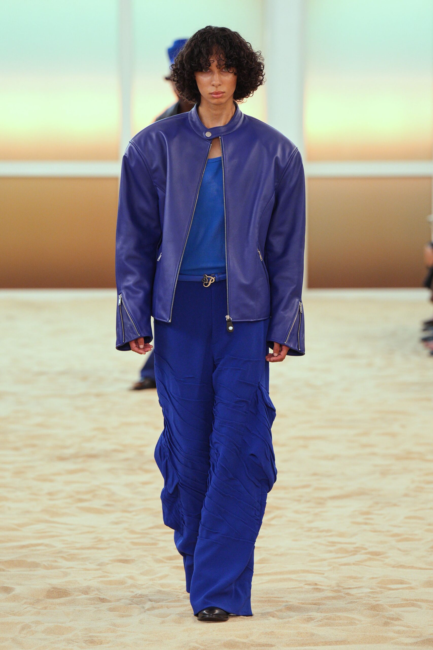 blue leather long-sleeve collared fitted zippered jacket