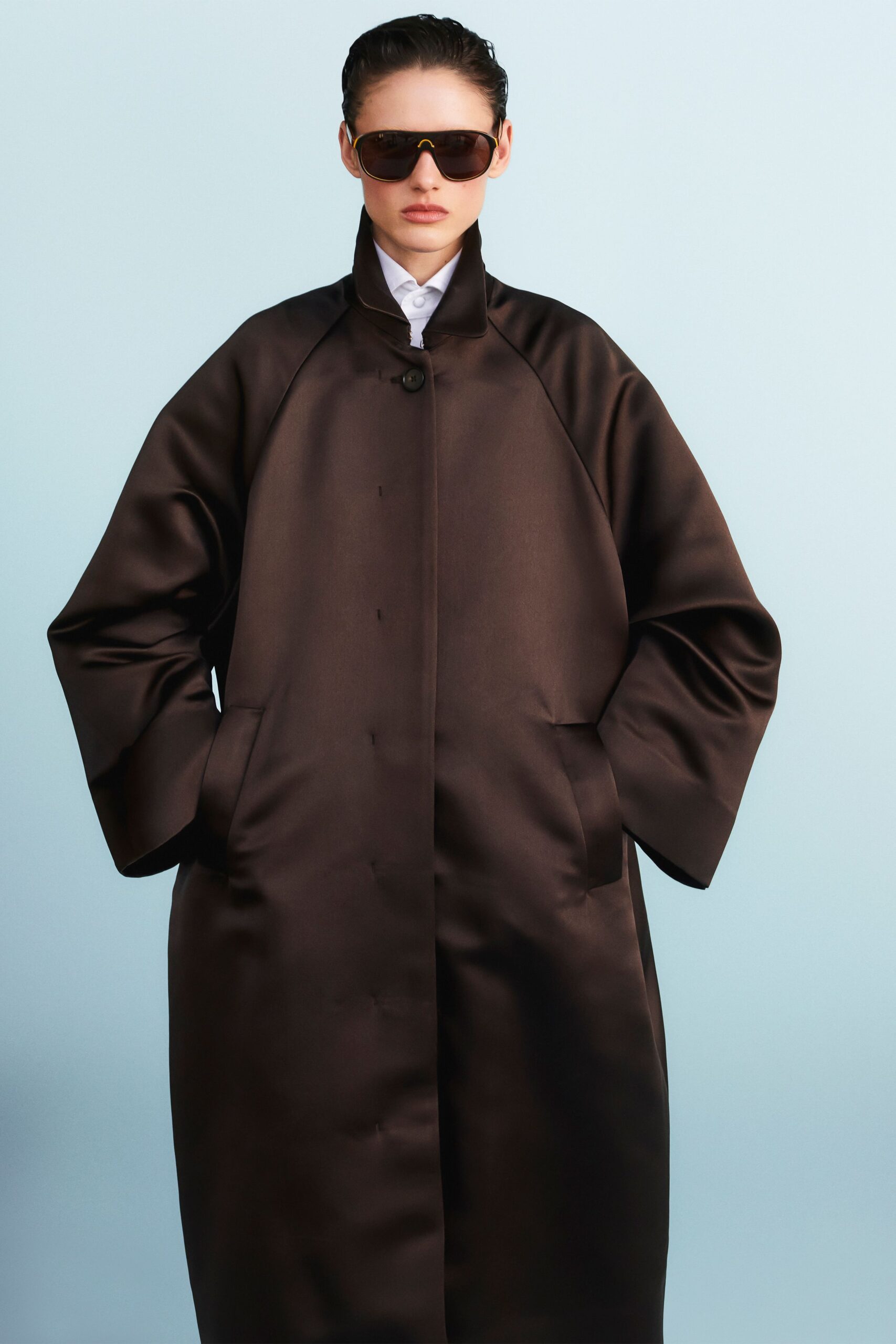 black silk long-sleeve collared oversized shiny coat
