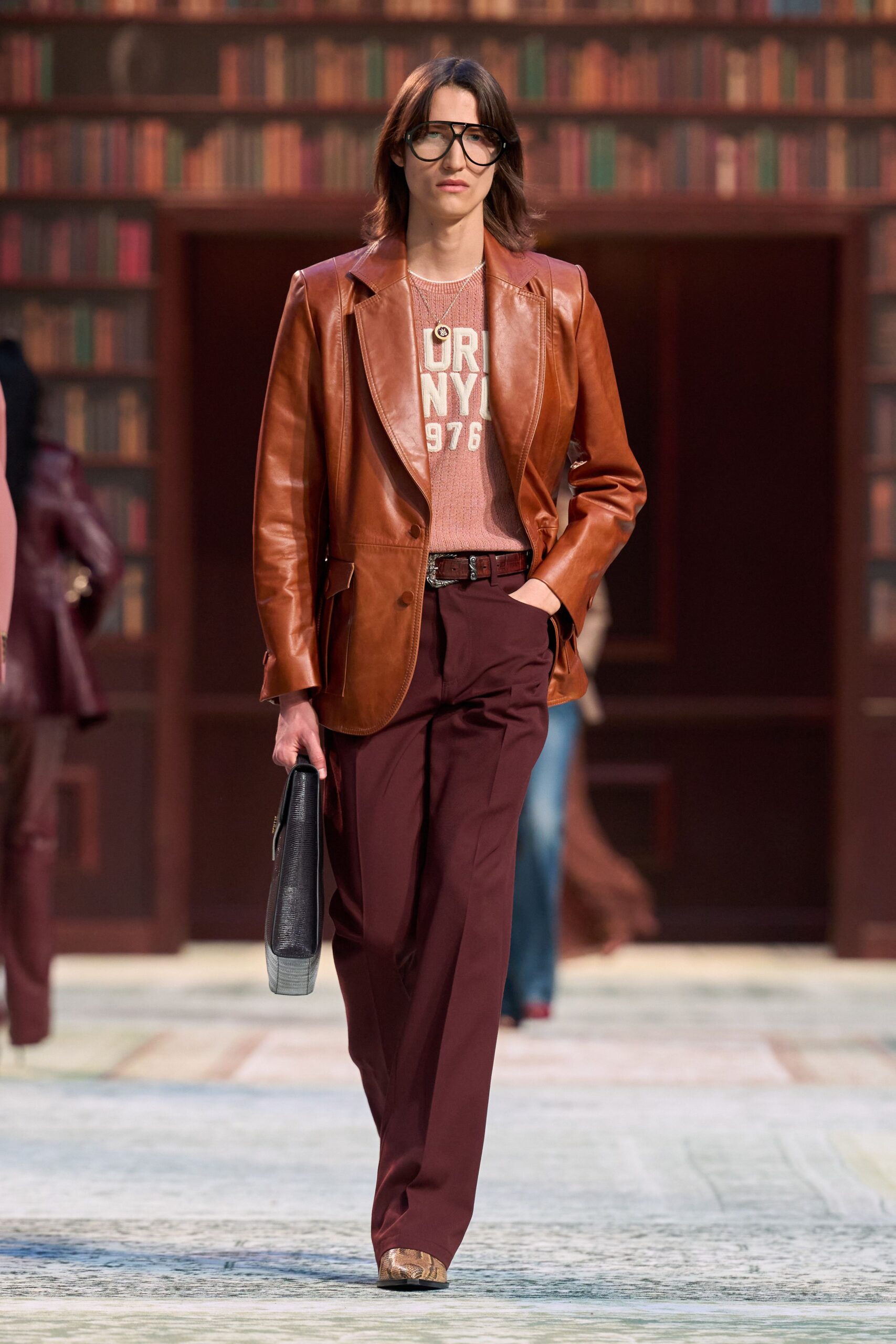 brown leather blazer with beige top
